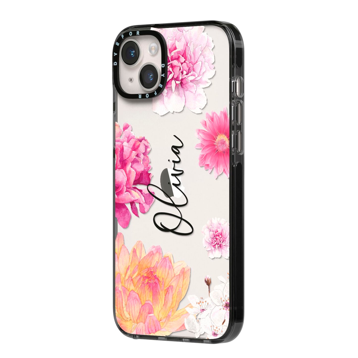 Personalised Dahlia Pink iPhone 14 Plus Black Impact Case Side Angle on Silver phone