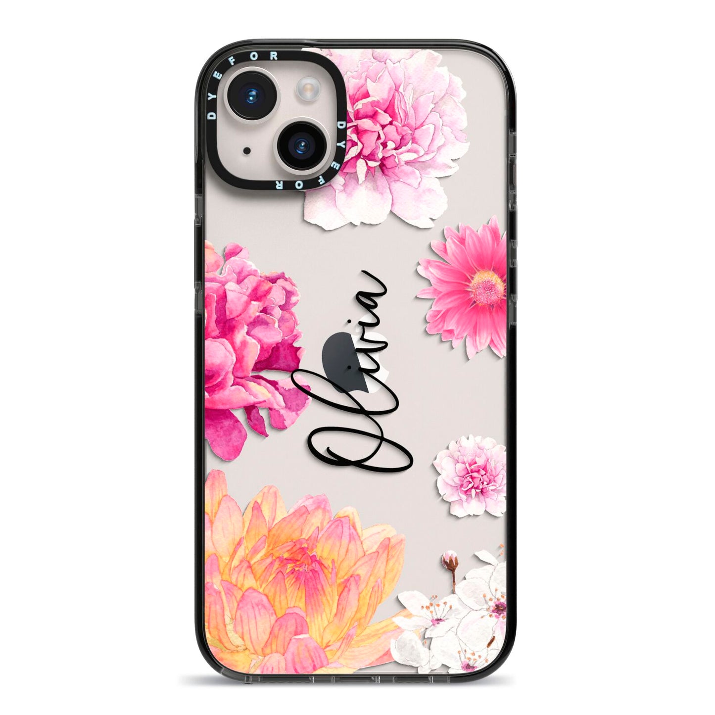 Personalised Dahlia Pink iPhone 14 Plus Black Impact Case on Silver phone