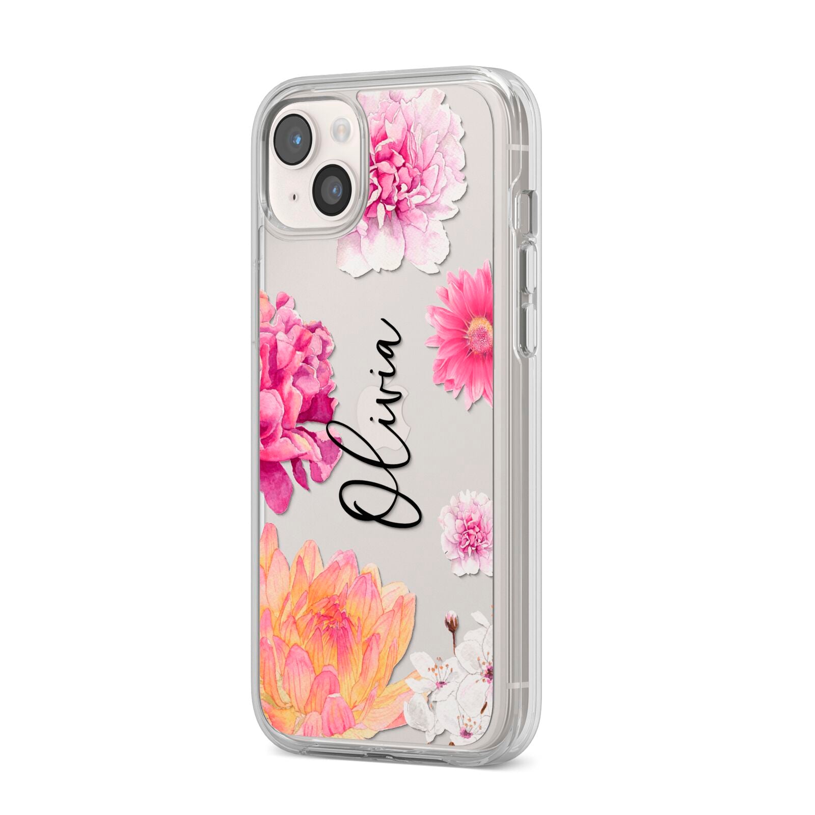 Personalised Dahlia Pink iPhone 14 Plus Clear Tough Case Starlight Angled Image