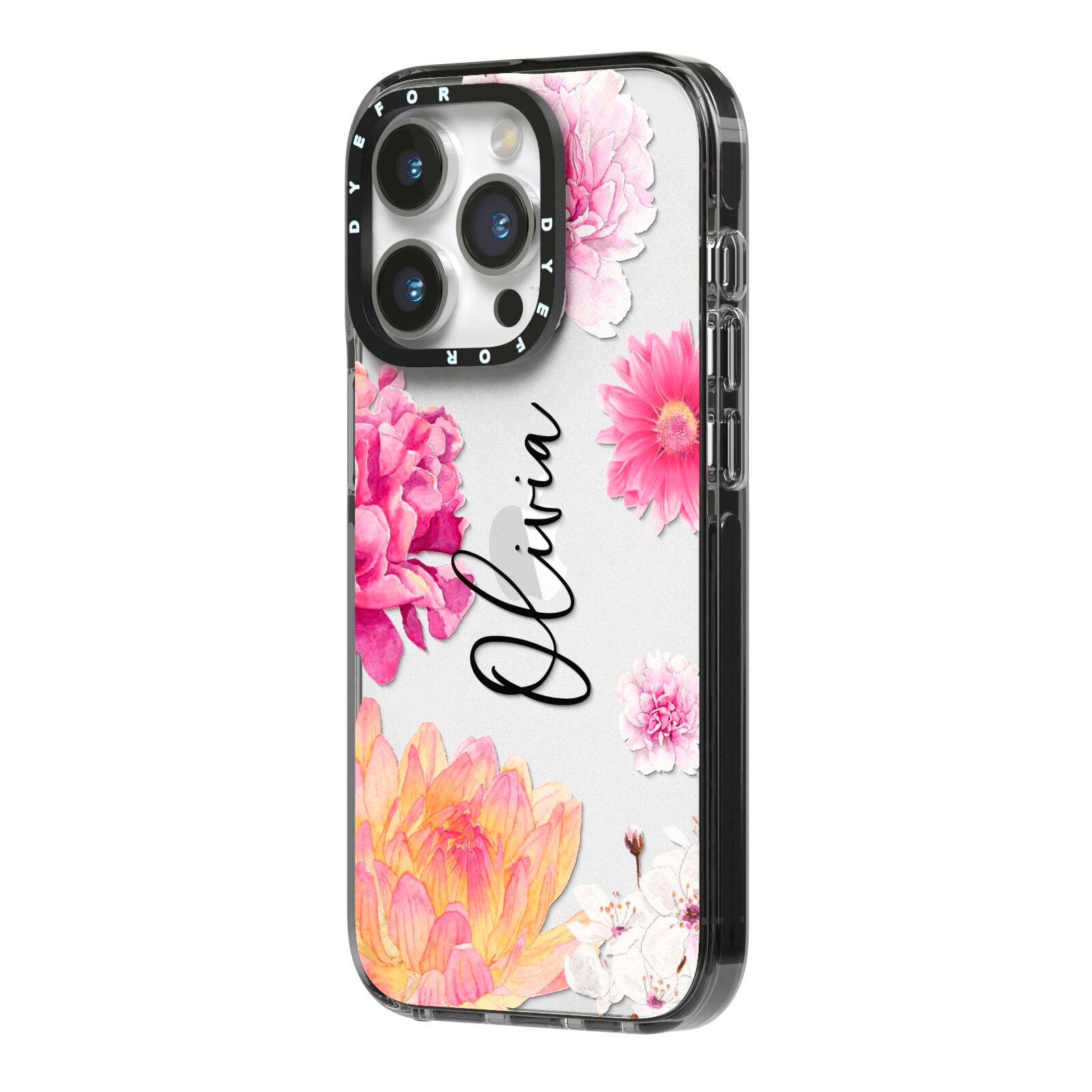 Personalised Dahlia Pink iPhone 14 Pro Black Impact Case Side Angle on Silver phone