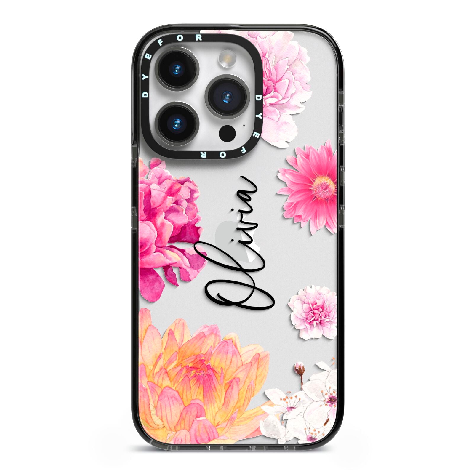 Personalised Dahlia Pink iPhone 14 Pro Black Impact Case on Silver phone