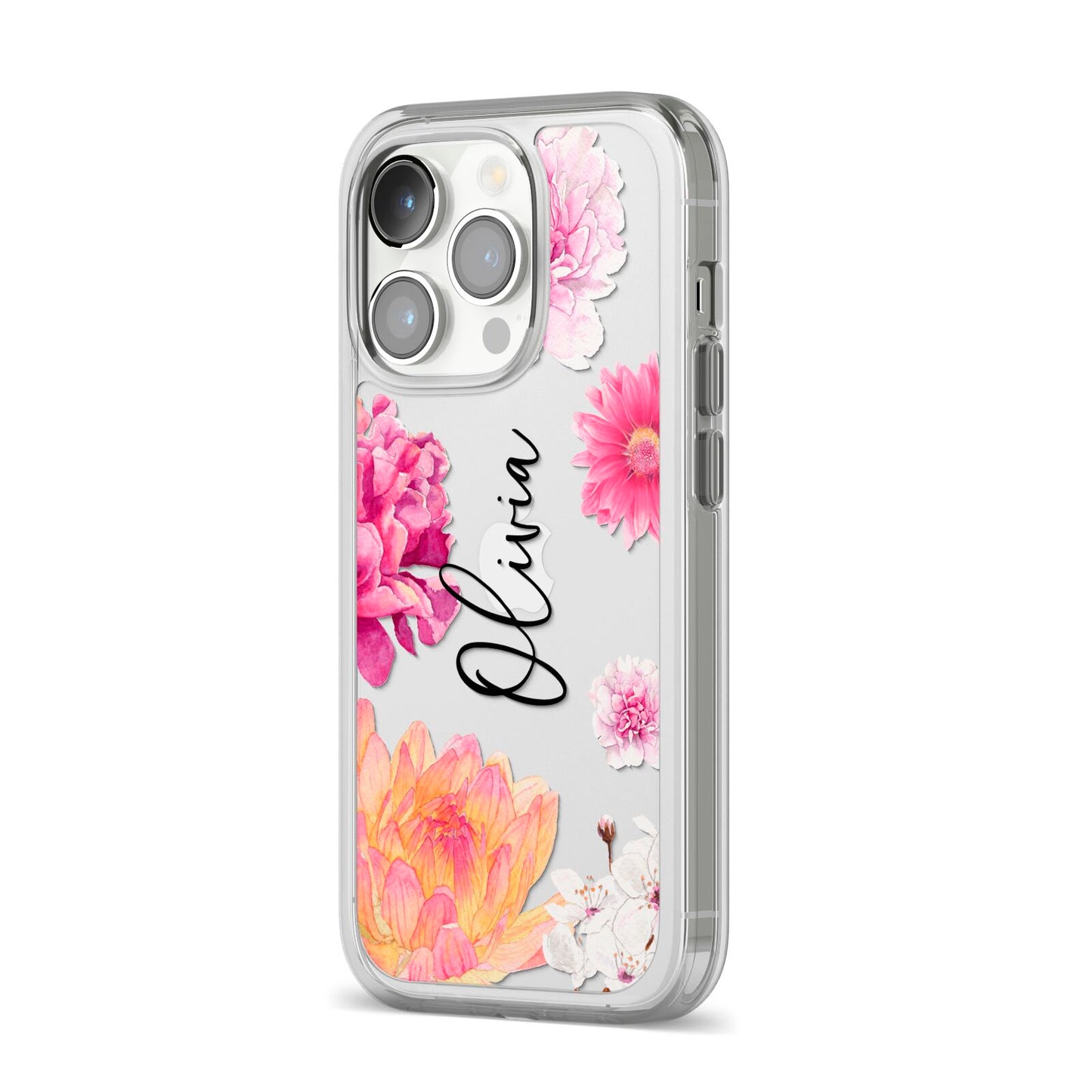 Personalised Dahlia Pink iPhone 14 Pro Clear Tough Case Silver Angled Image