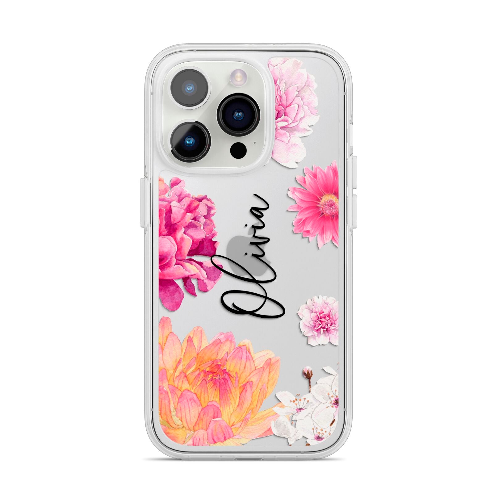 Personalised Dahlia Pink iPhone 14 Pro Clear Tough Case Silver