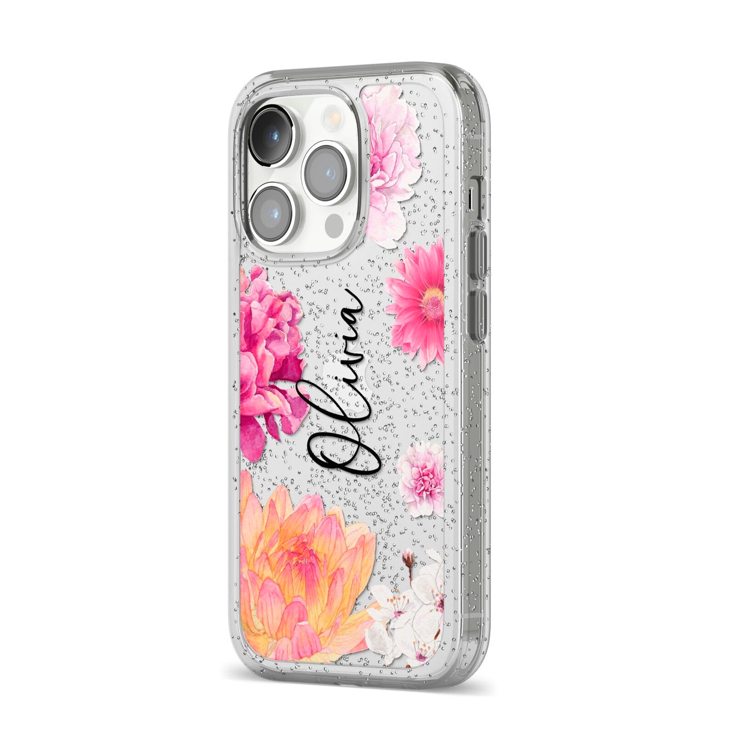 Personalised Dahlia Pink iPhone 14 Pro Glitter Tough Case Silver Angled Image