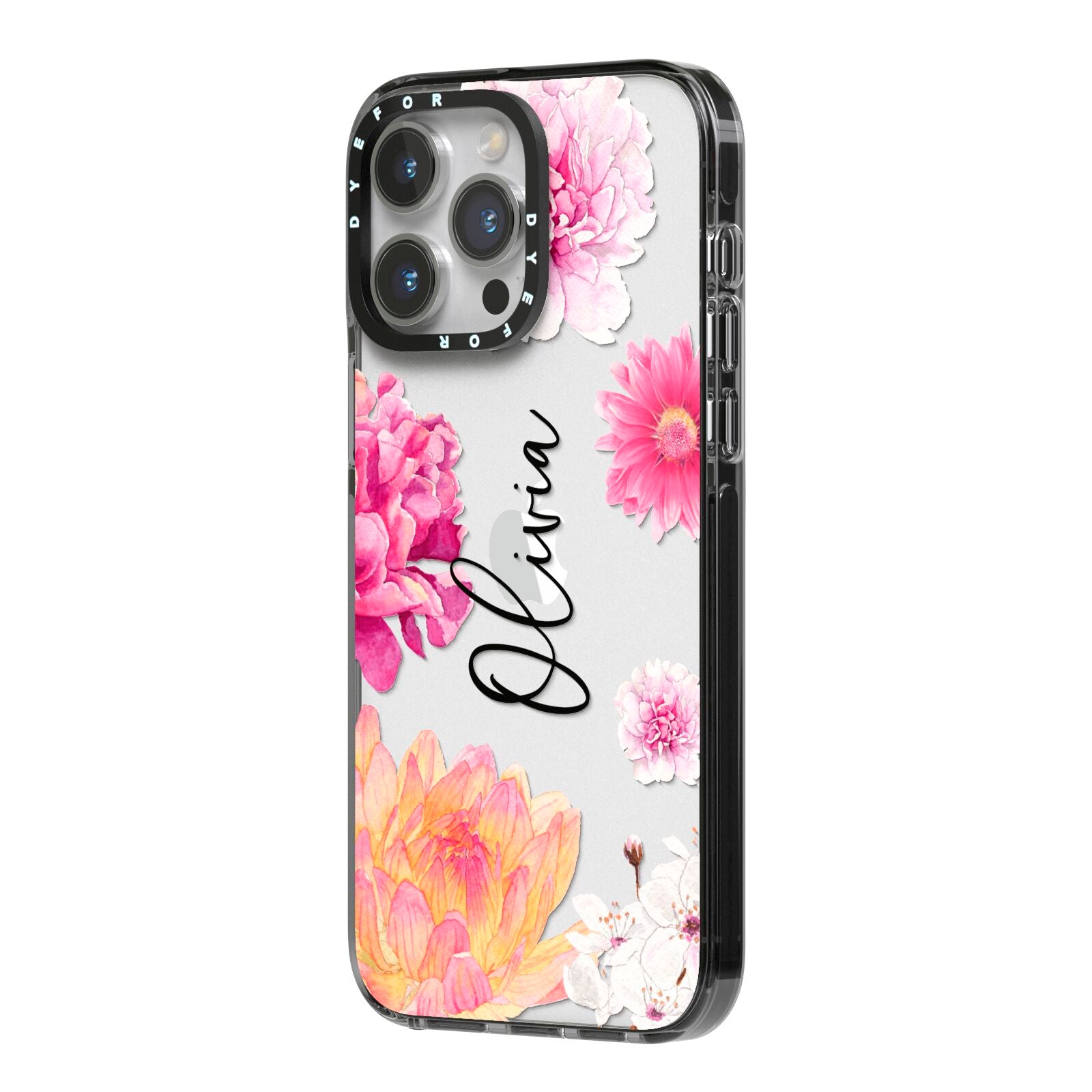 Personalised Dahlia Pink iPhone 14 Pro Max Black Impact Case Side Angle on Silver phone