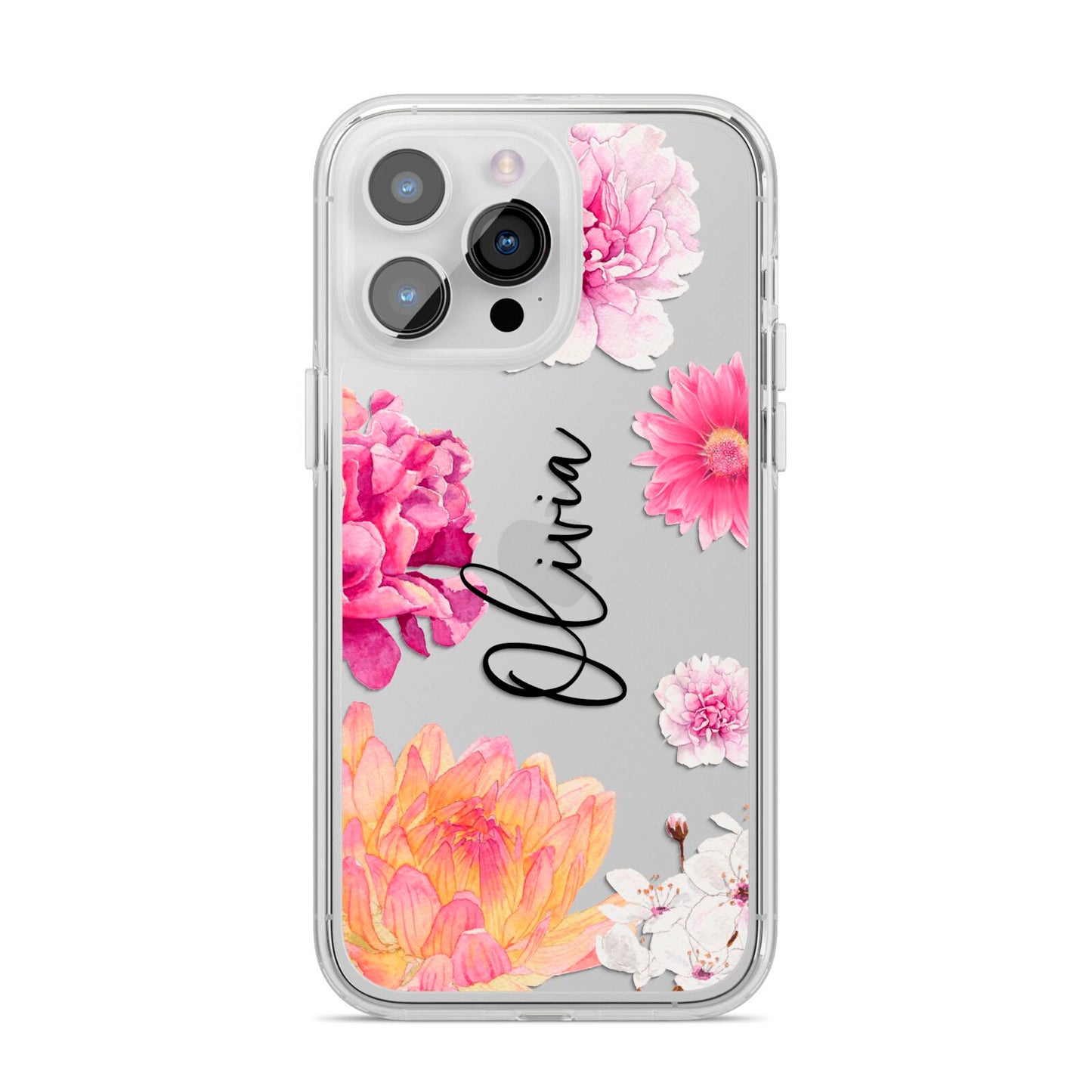 Personalised Dahlia Pink iPhone 14 Pro Max Clear Tough Case Silver