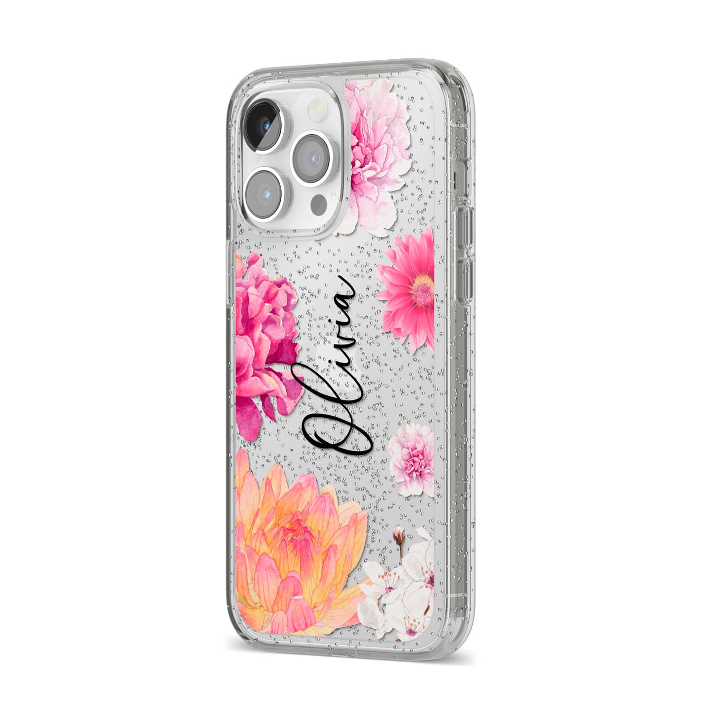 Personalised Dahlia Pink iPhone 14 Pro Max Glitter Tough Case Silver Angled Image