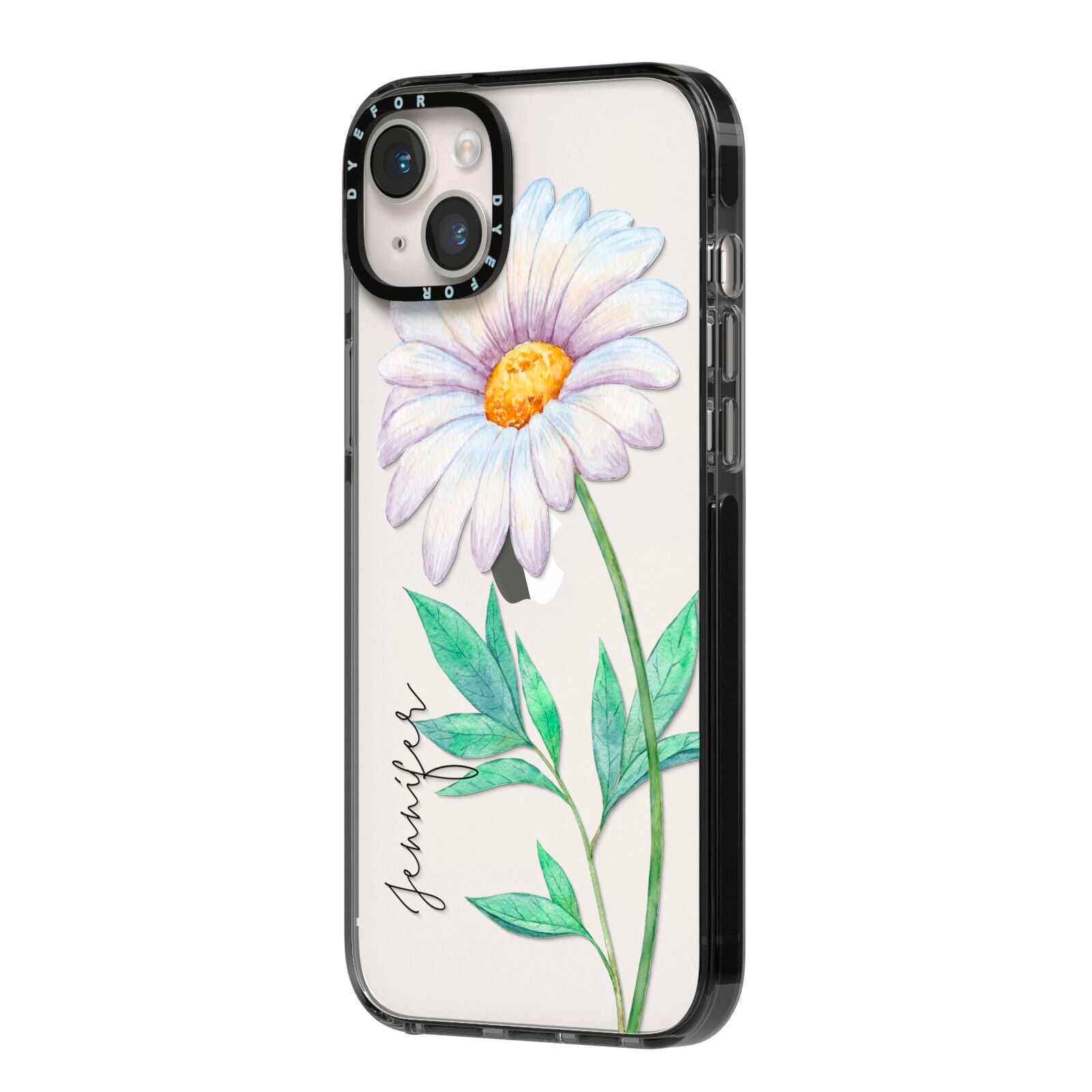 Personalised Daisies iPhone 14 Plus Black Impact Case Side Angle on Silver phone