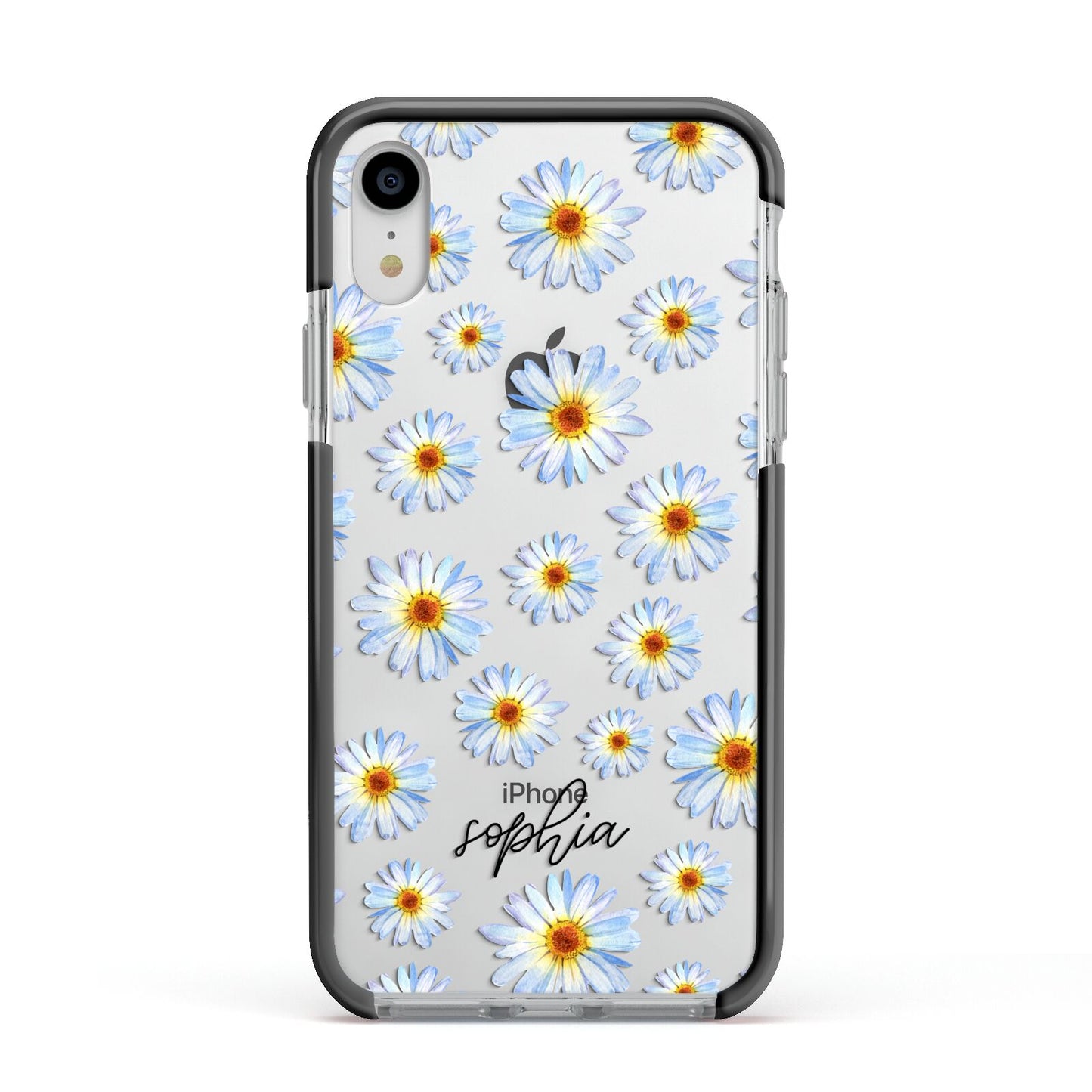 Personalised Daisy Apple iPhone XR Impact Case Black Edge on Silver Phone