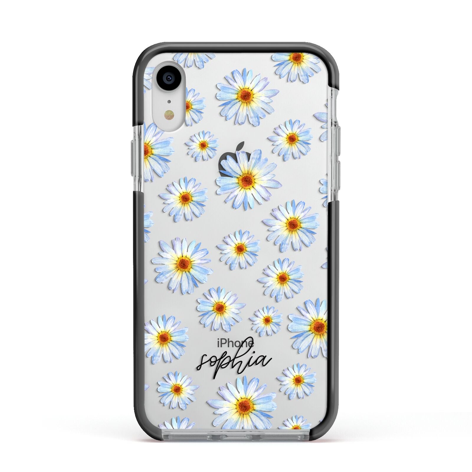 Personalised Daisy Apple iPhone XR Impact Case Black Edge on Silver Phone