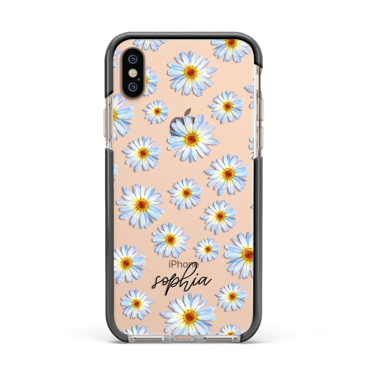 Personalised Daisy Apple iPhone Xs Impact Case Black Edge on Gold Phone