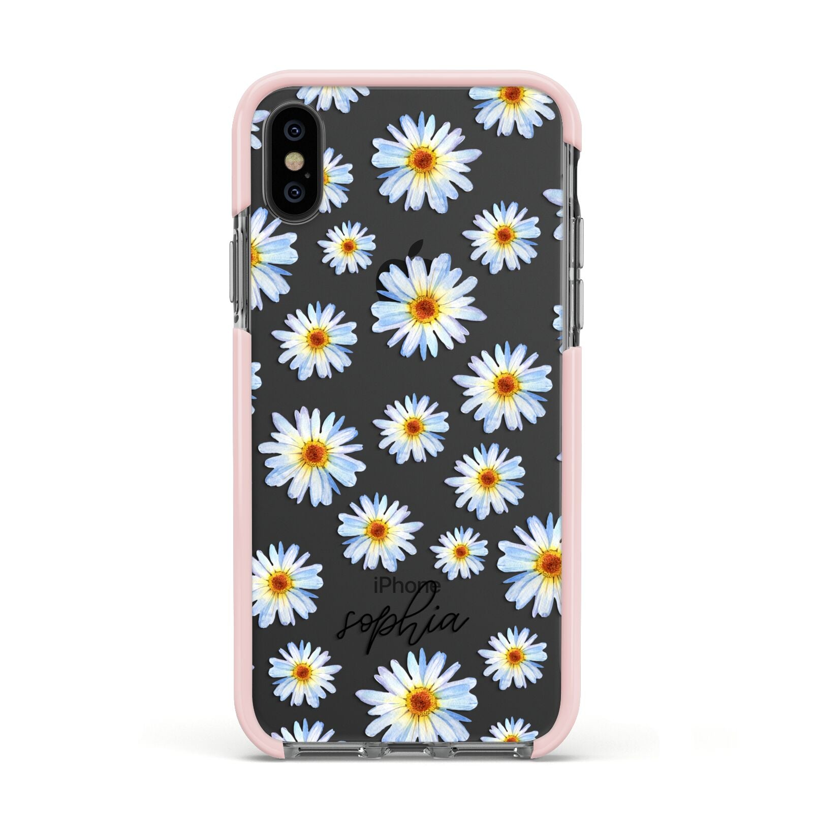 Personalised Daisy Apple iPhone Xs Impact Case Pink Edge on Black Phone