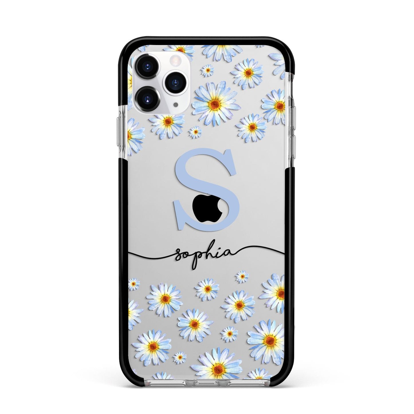 Personalised Daisy Initial Name Apple iPhone 11 Pro Max in Silver with Black Impact Case