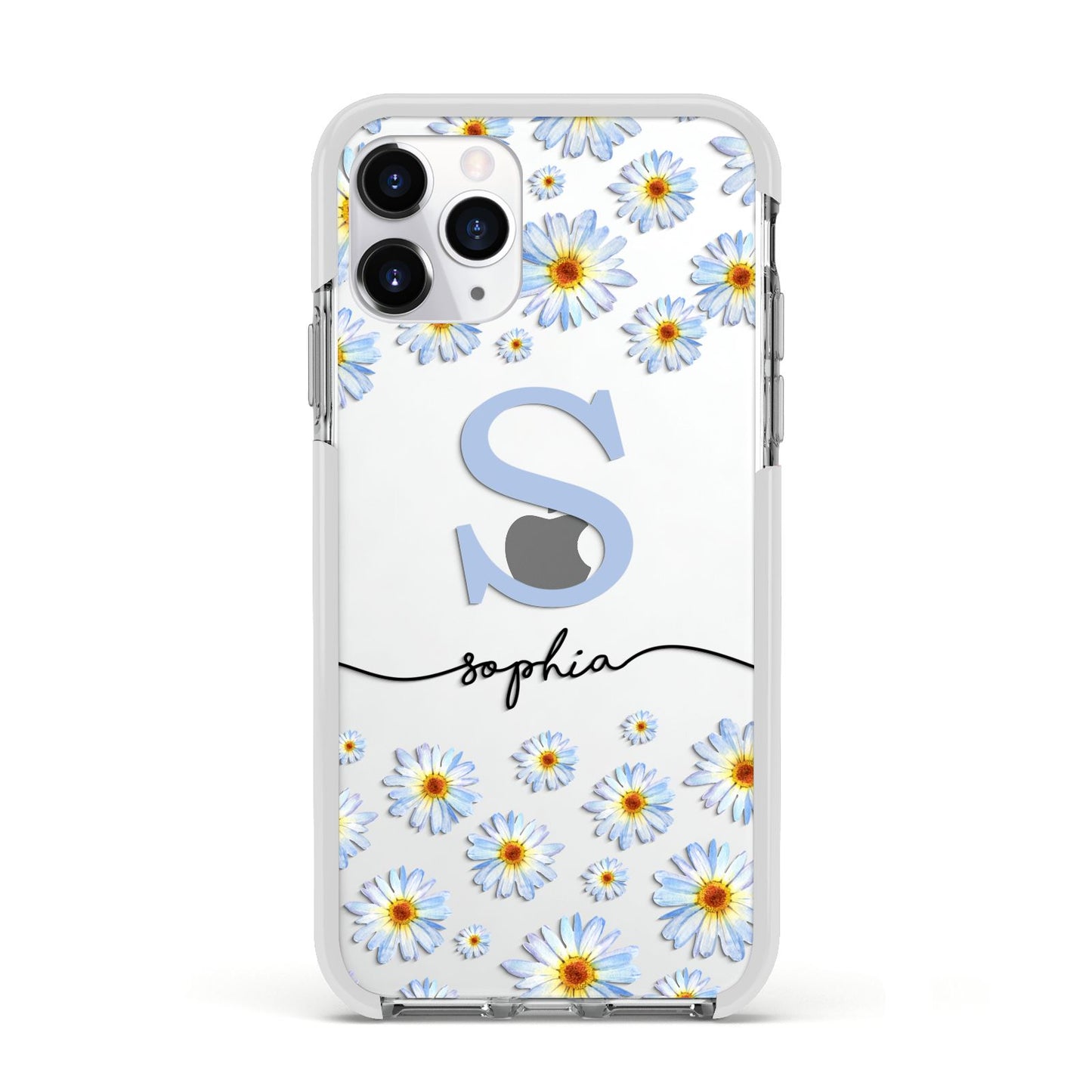 Personalised Daisy Initial Name Apple iPhone 11 Pro in Silver with White Impact Case