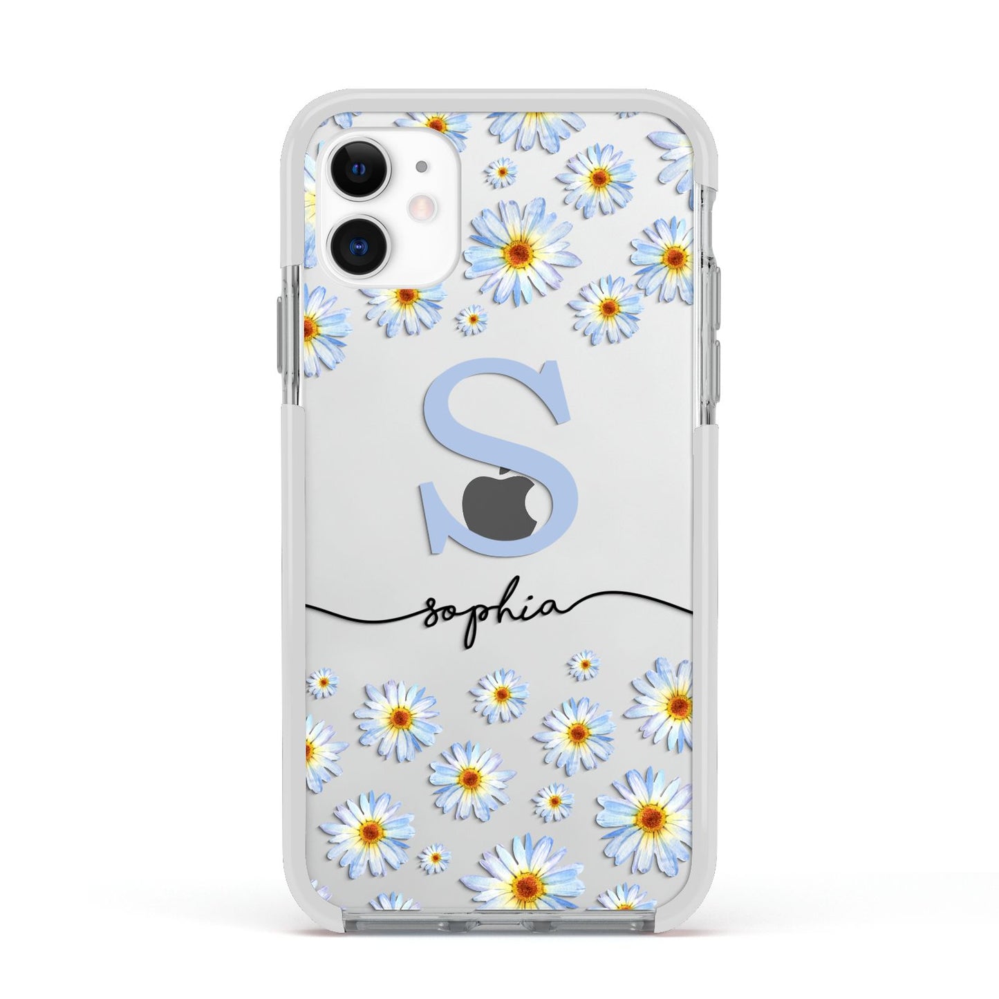 Personalised Daisy Initial Name Apple iPhone 11 in White with White Impact Case