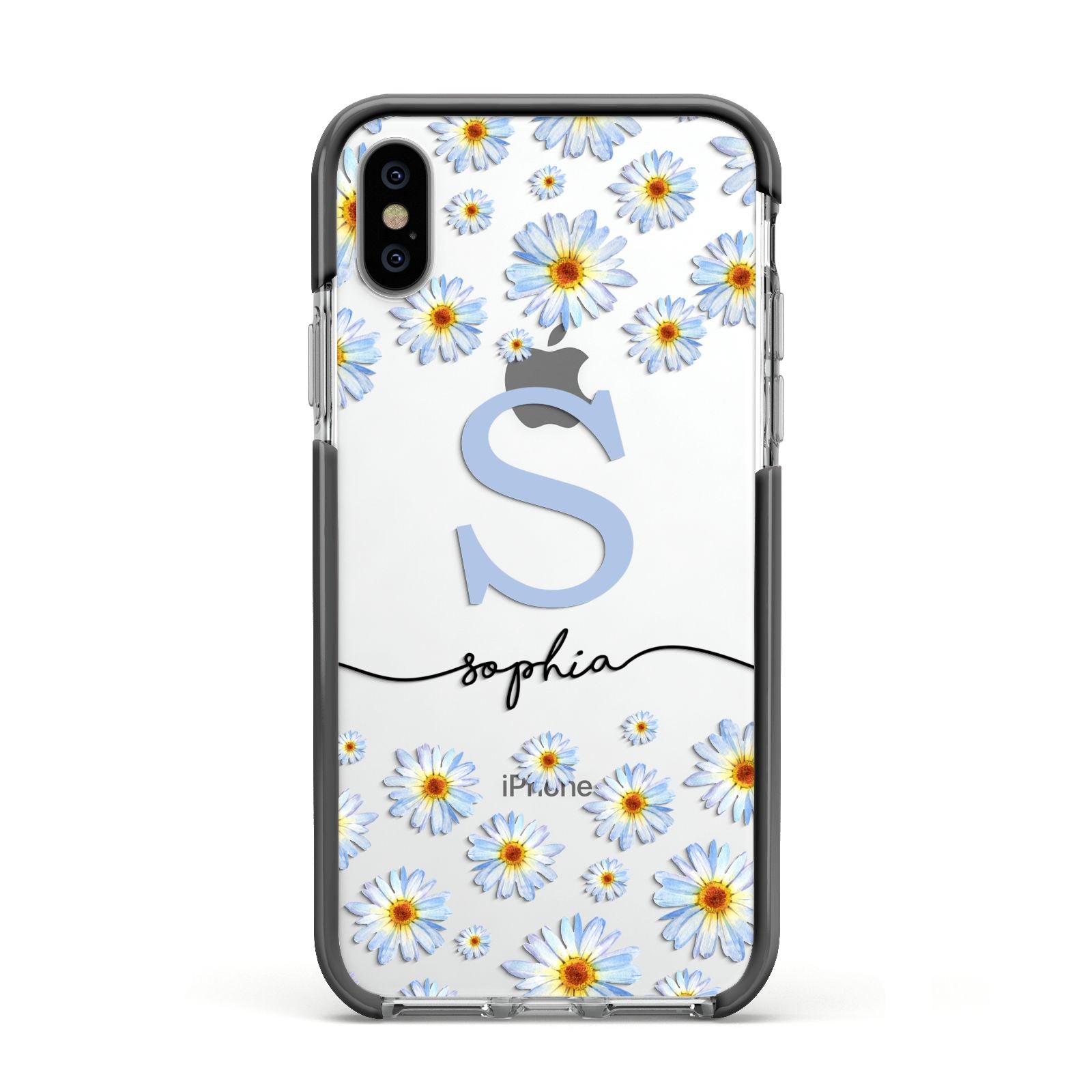 Personalised Daisy Initial Name Apple iPhone Xs Impact Case Black Edge on Silver Phone