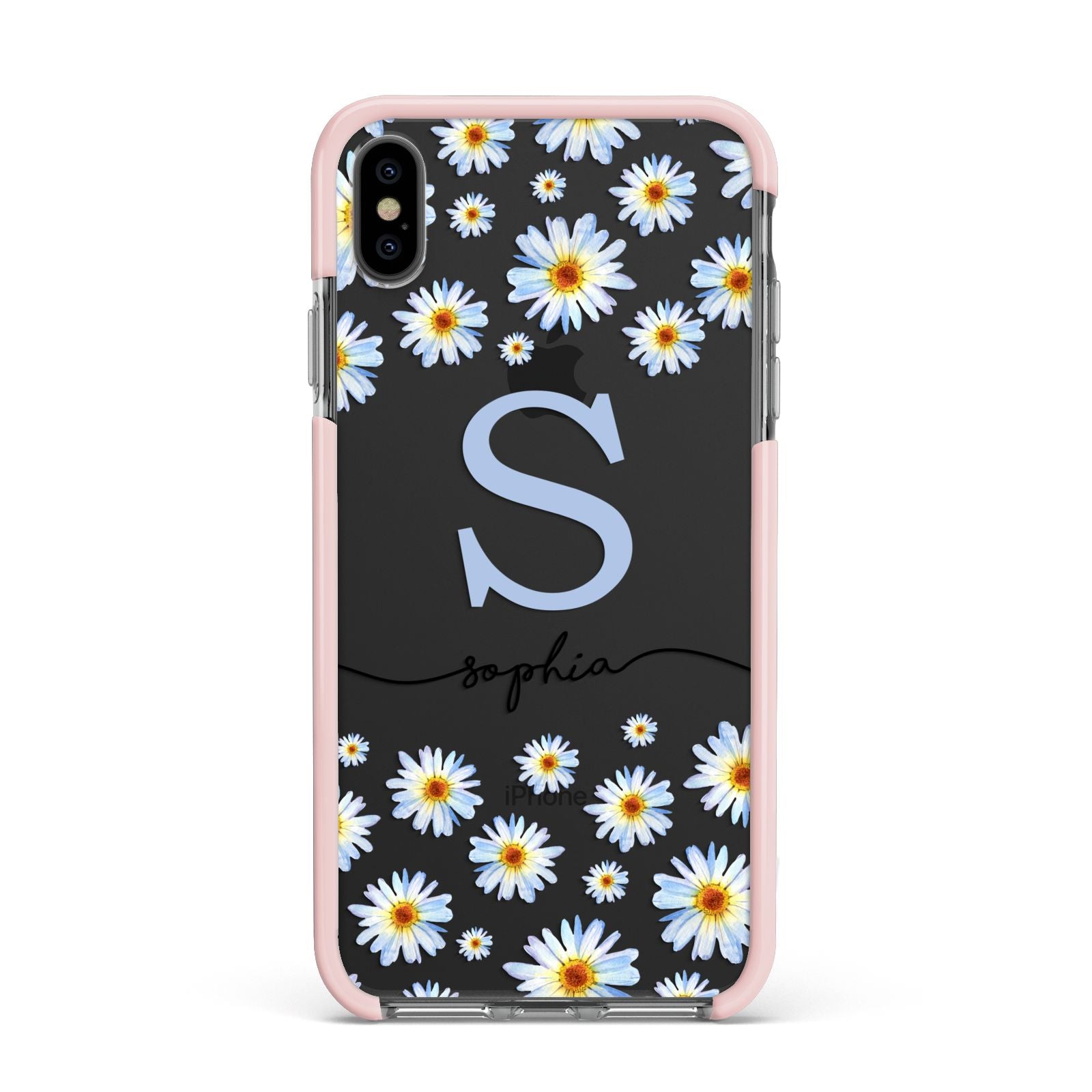 Personalised Daisy Initial Name Apple iPhone Xs Max Impact Case Pink Edge on Black Phone