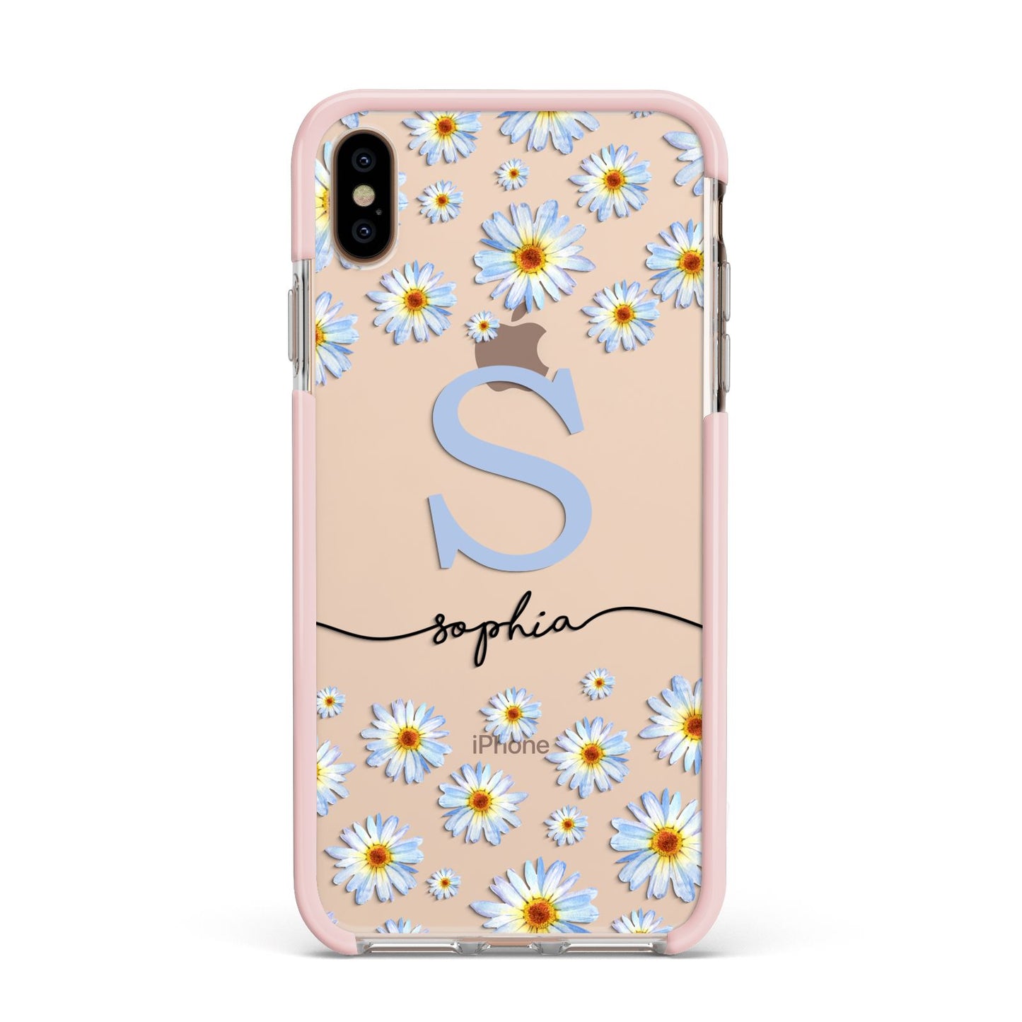Personalised Daisy Initial Name Apple iPhone Xs Max Impact Case Pink Edge on Gold Phone