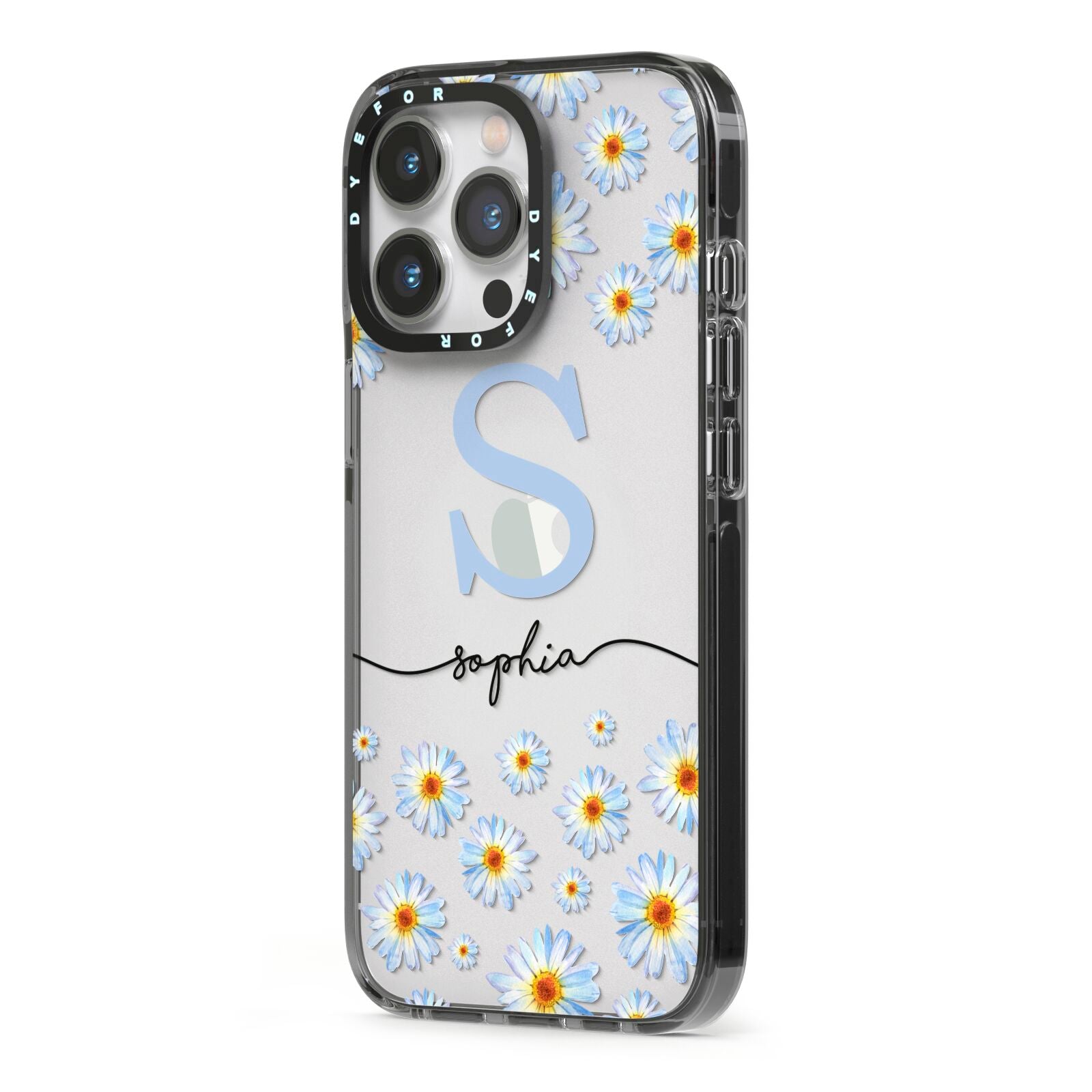 Personalised Daisy Initial Name iPhone 13 Pro Black Impact Case Side Angle on Silver phone