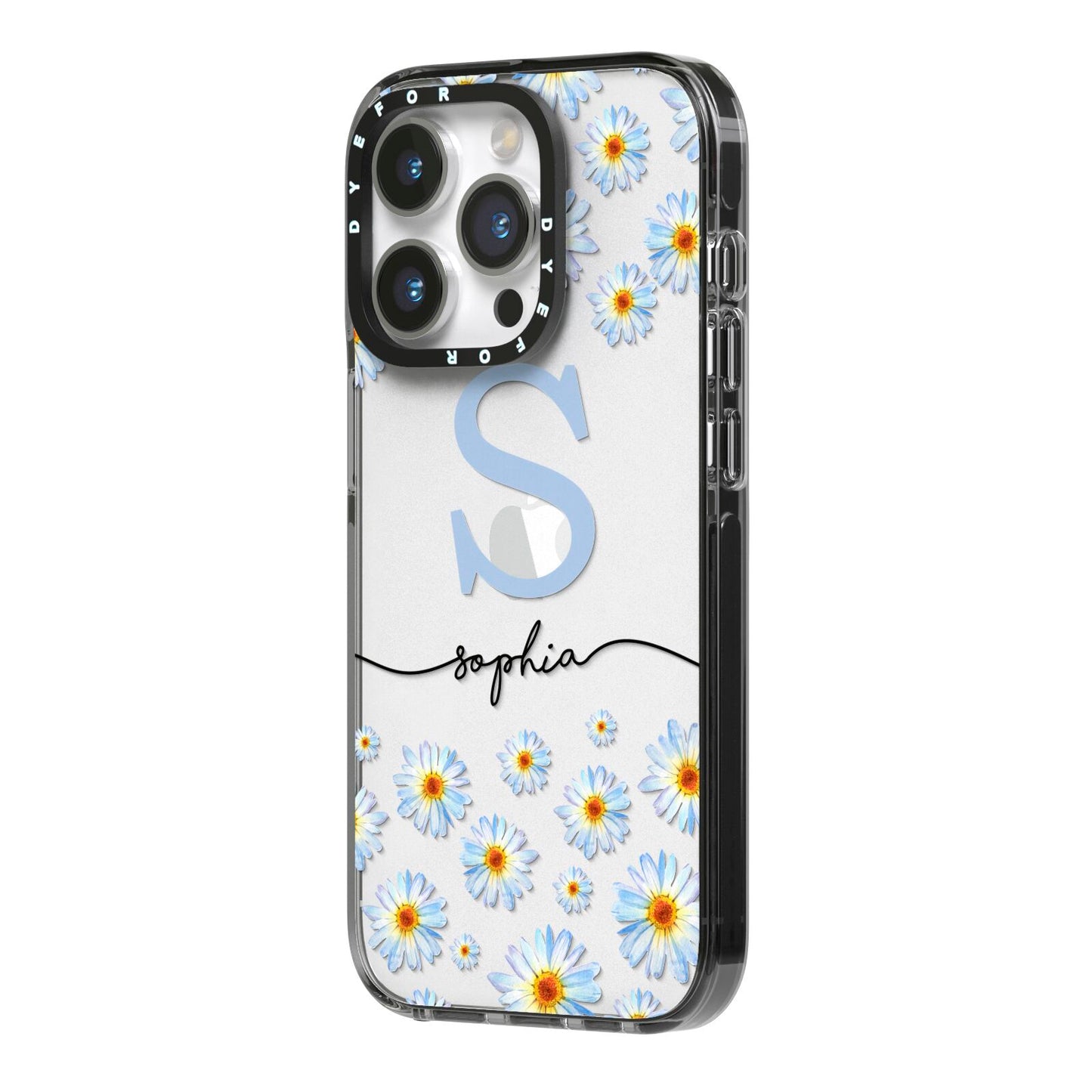 Personalised Daisy Initial Name iPhone 14 Pro Black Impact Case Side Angle on Silver phone