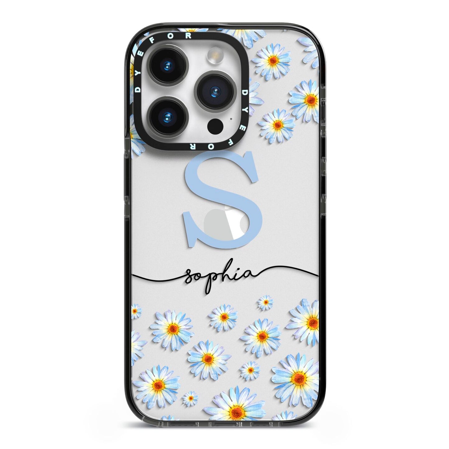 Personalised Daisy Initial Name iPhone 14 Pro Black Impact Case on Silver phone