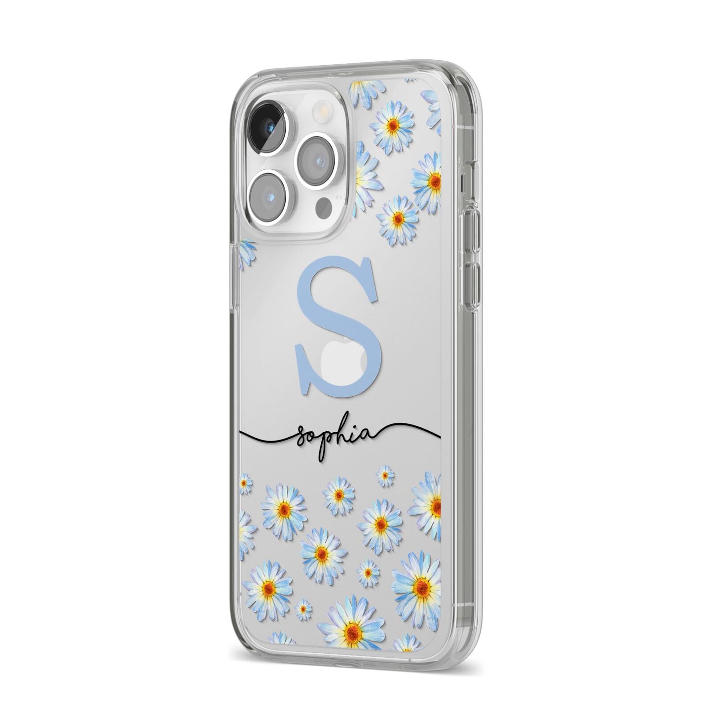 Personalised Daisy Initial Name iPhone 14 Pro Max Clear Tough Case Silver Angled Image