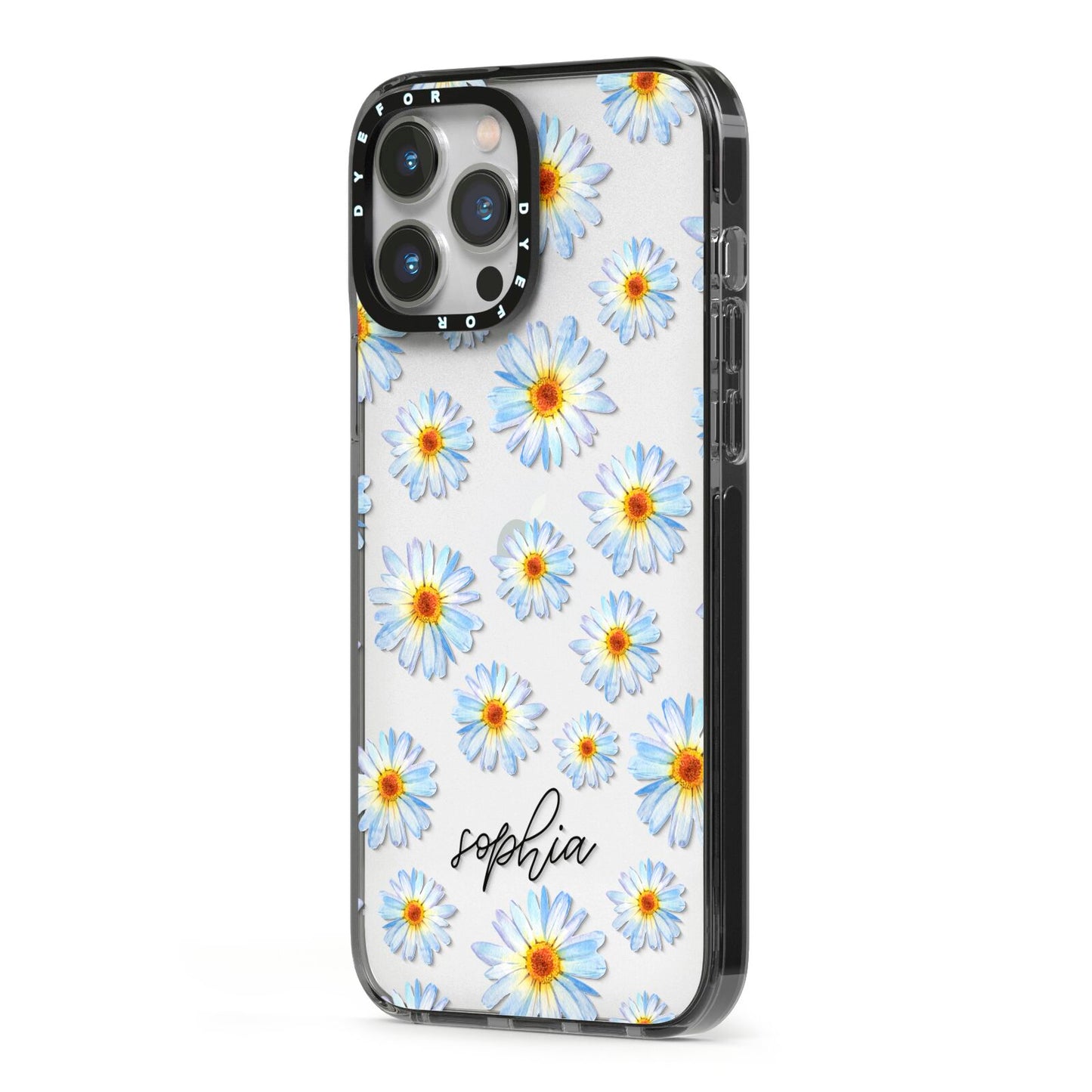 Personalised Daisy iPhone 13 Pro Max Black Impact Case Side Angle on Silver phone