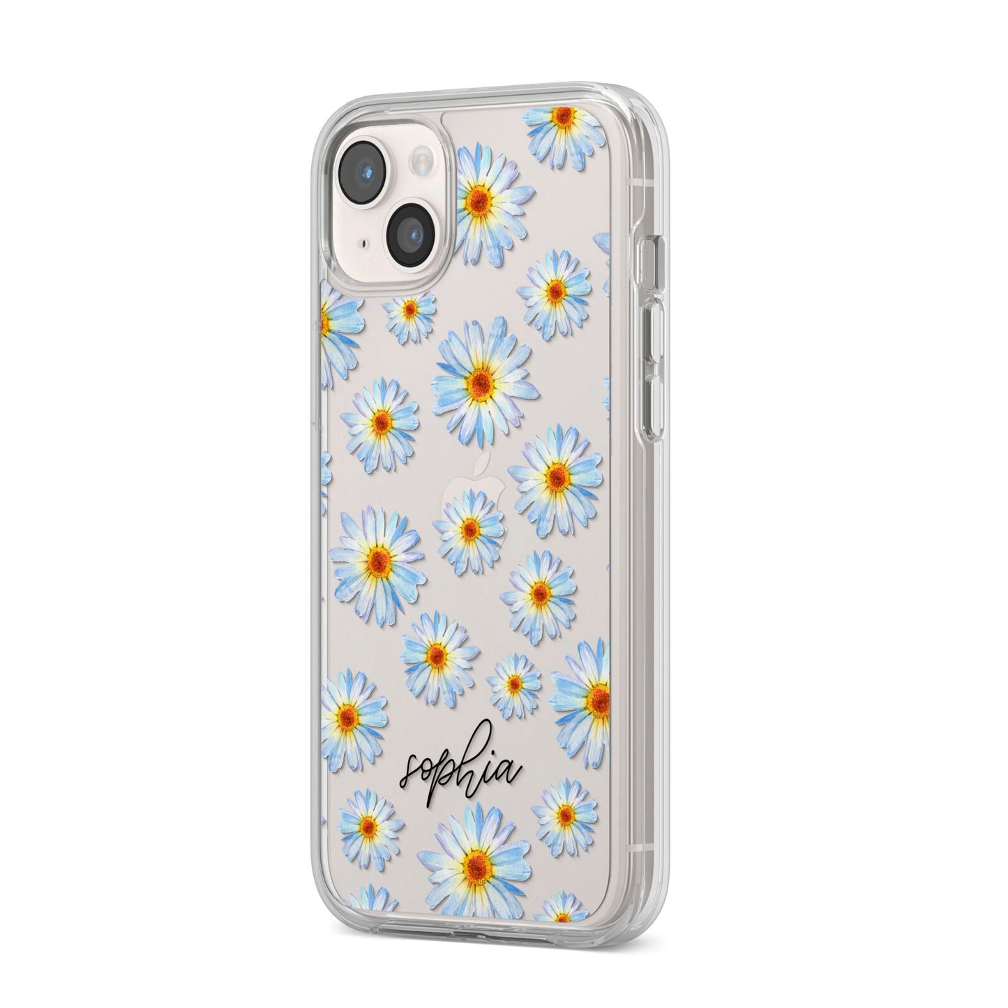 Personalised Daisy iPhone 14 Plus Clear Tough Case Starlight Angled Image