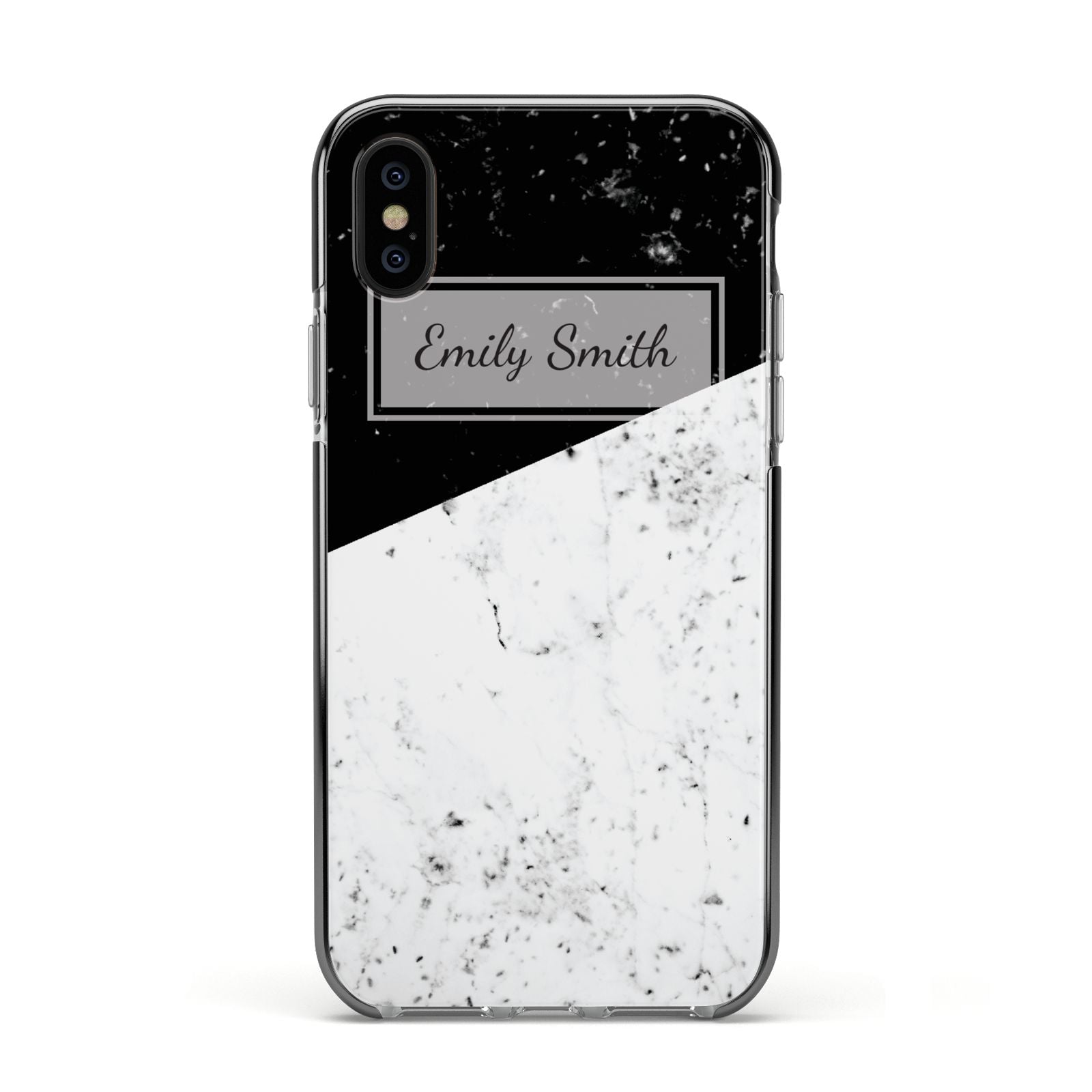 Personalised Day Night Marble Name Initials Apple iPhone Xs Impact Case Black Edge on Black Phone