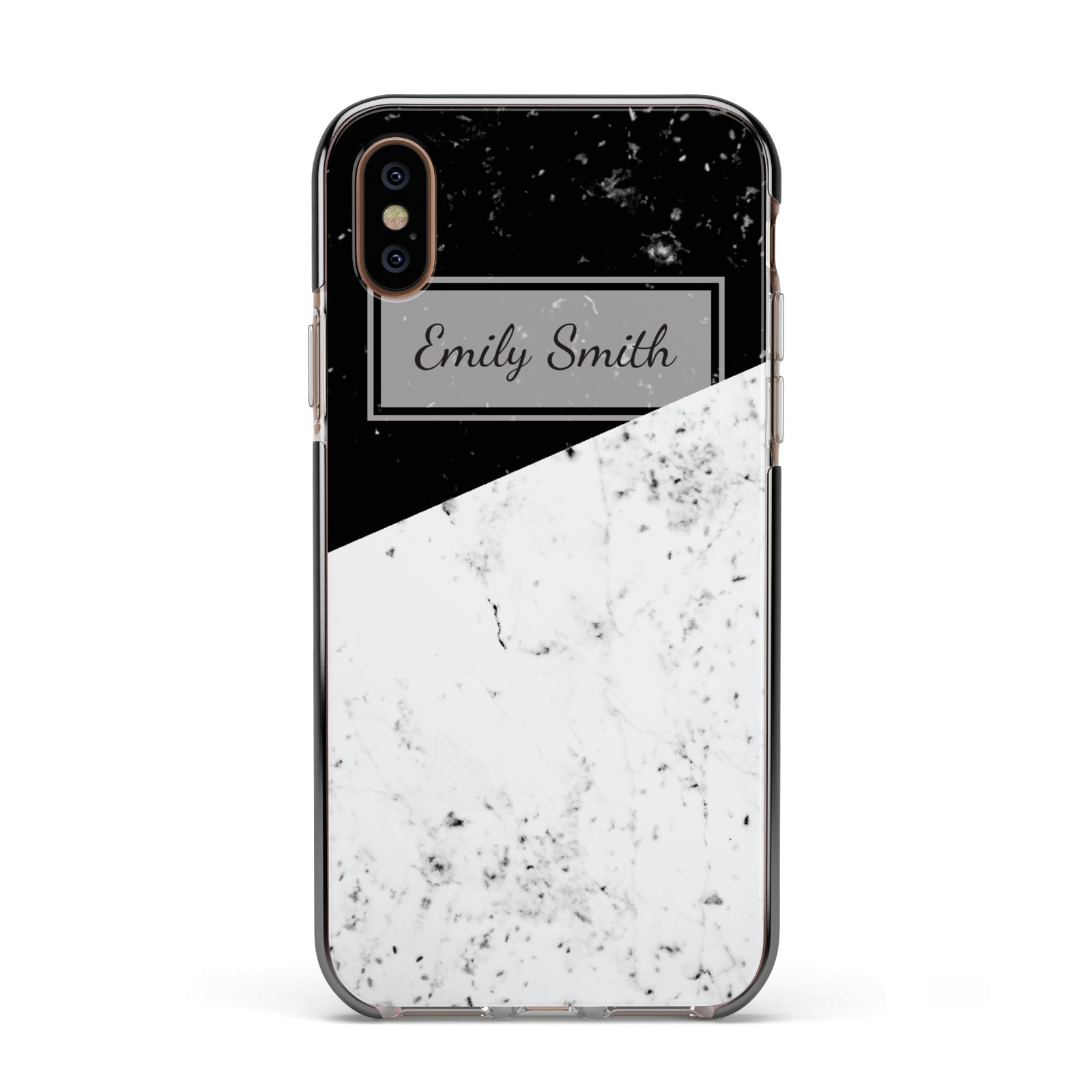 Personalised Day Night Marble Name Initials Apple iPhone Xs Impact Case Black Edge on Gold Phone