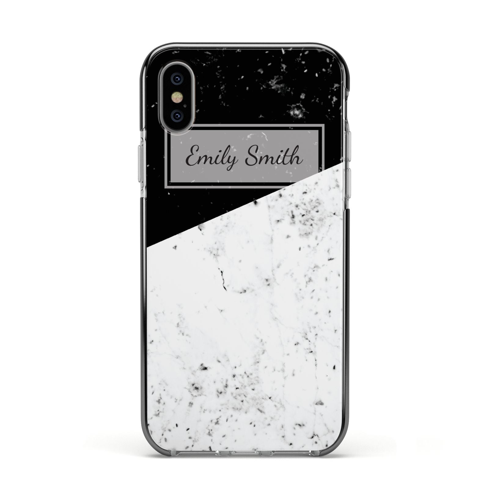 Personalised Day Night Marble Name Initials Apple iPhone Xs Impact Case Black Edge on Silver Phone