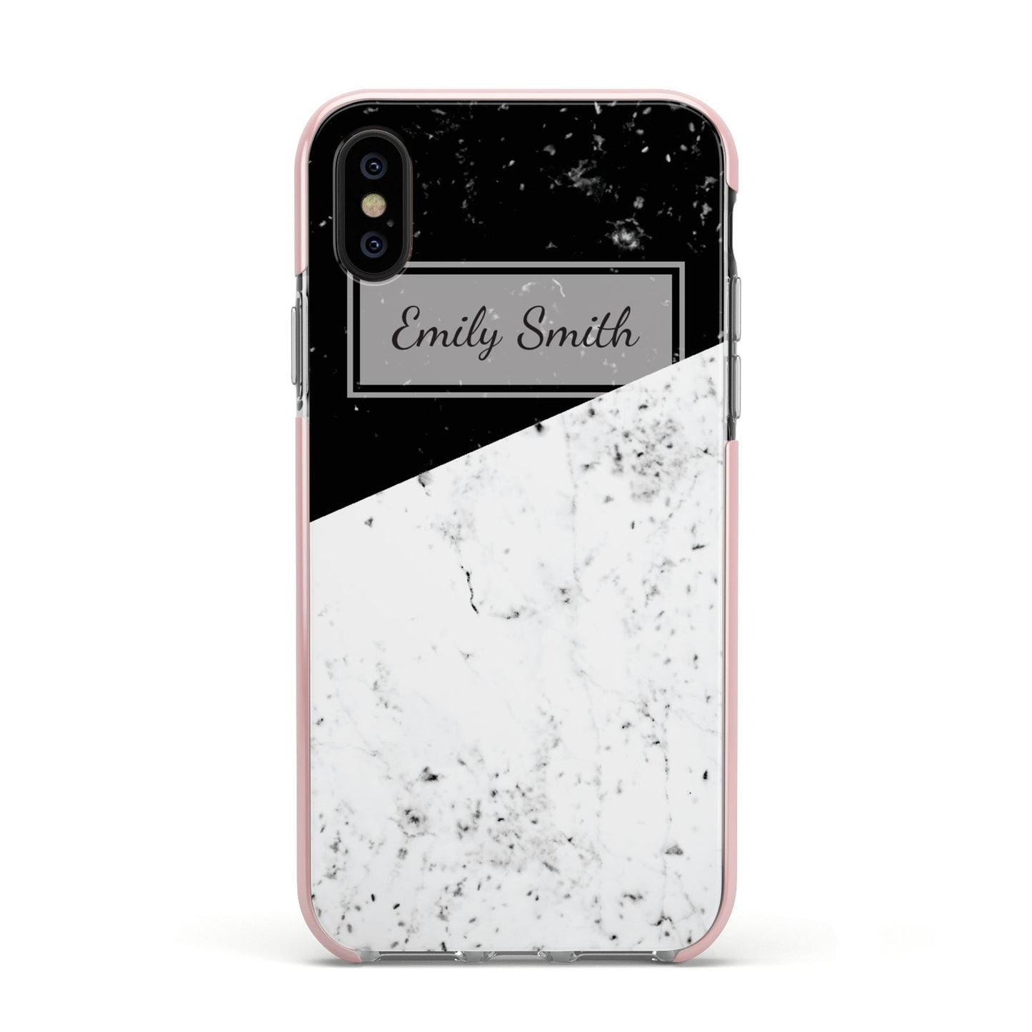 Personalised Day Night Marble Name Initials Apple iPhone Xs Impact Case Pink Edge on Black Phone