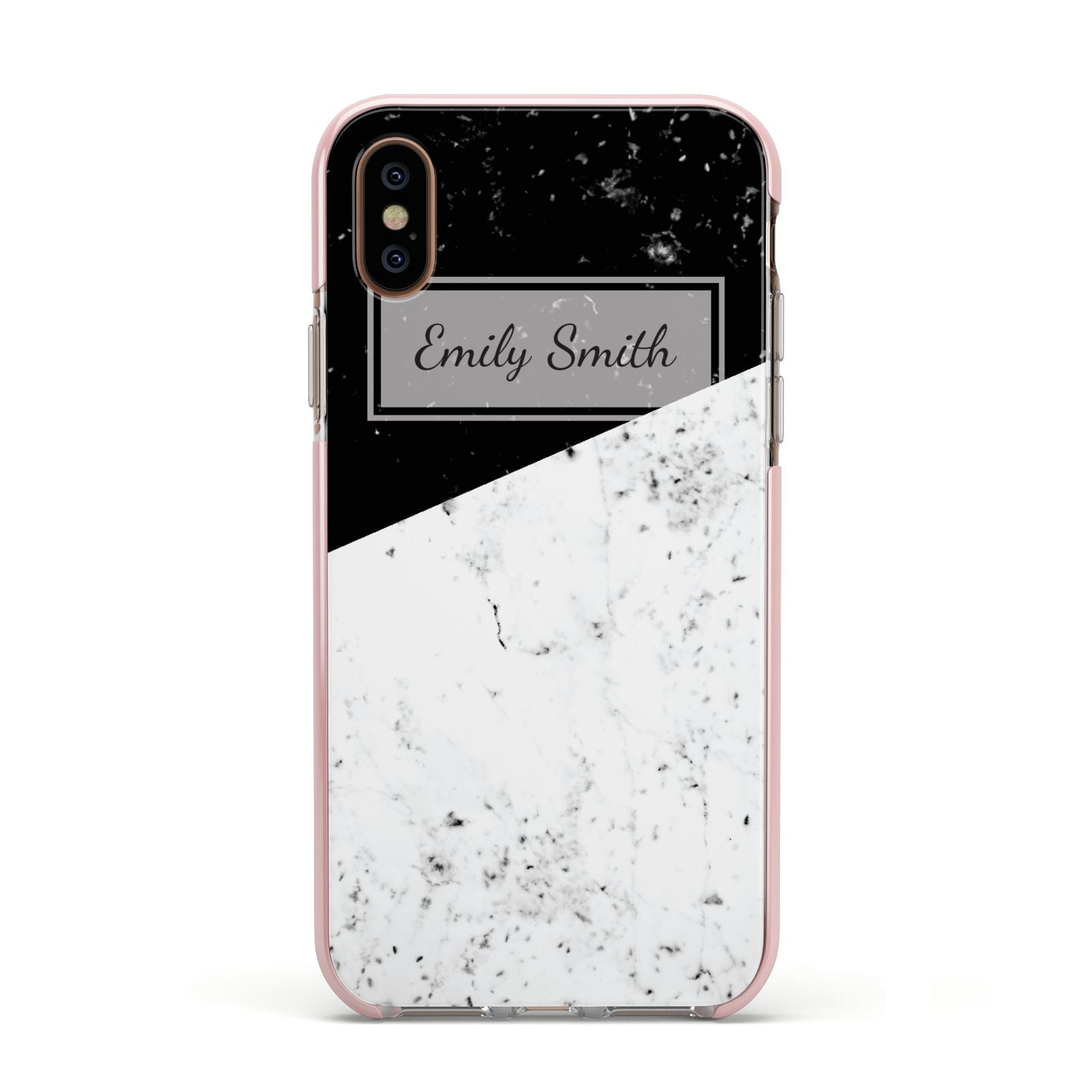 Personalised Day Night Marble Name Initials Apple iPhone Xs Impact Case Pink Edge on Gold Phone