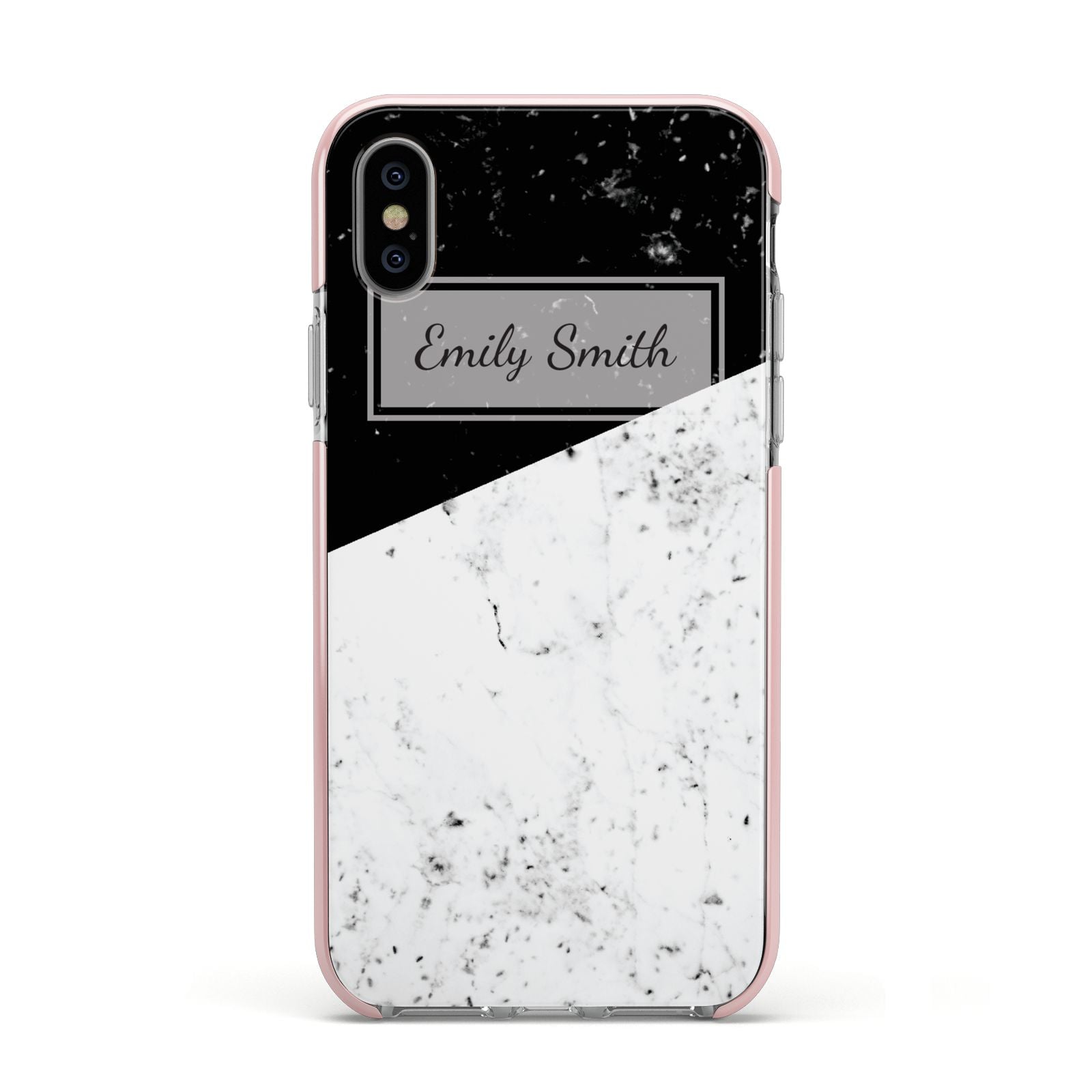 Personalised Day Night Marble Name Initials Apple iPhone Xs Impact Case Pink Edge on Silver Phone