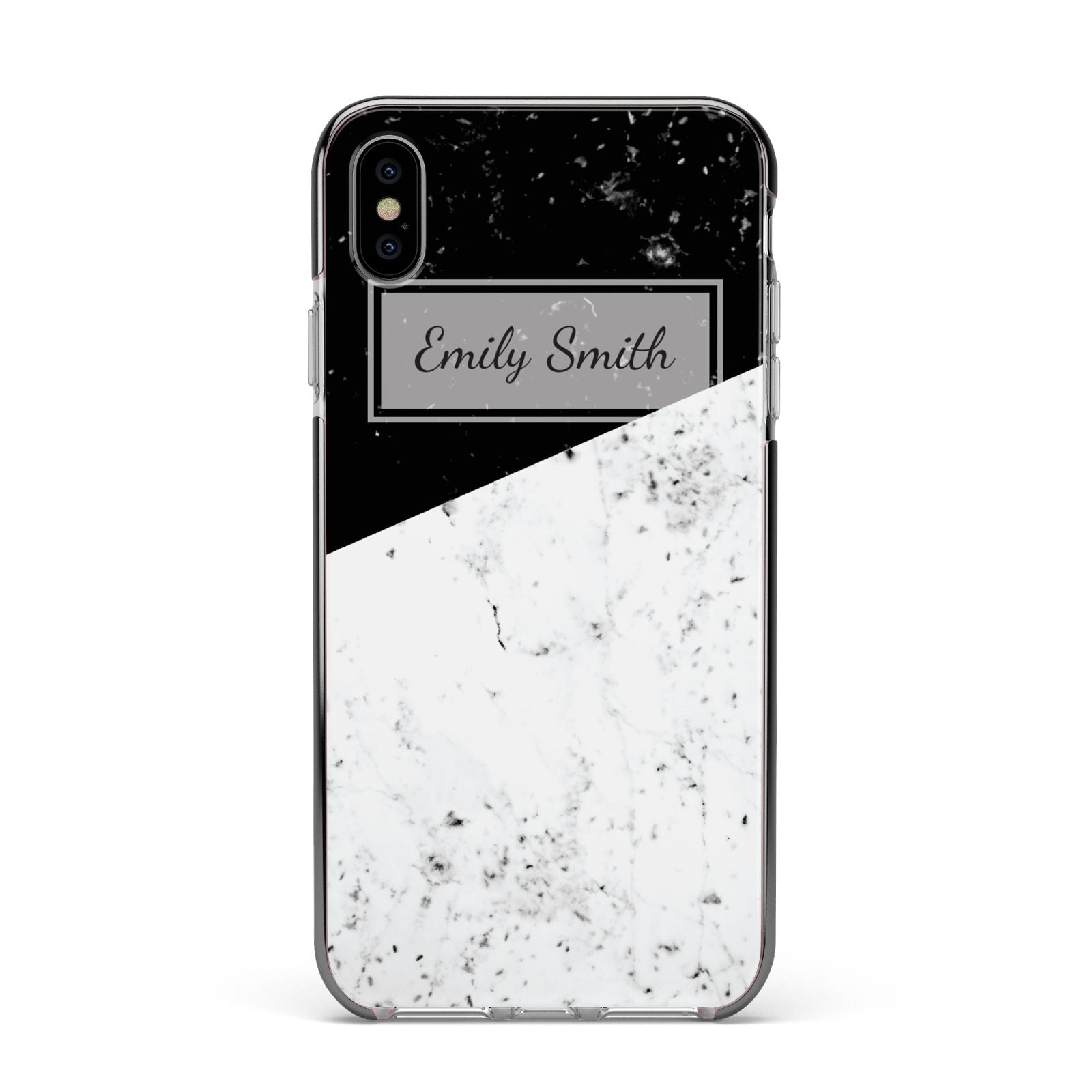 Personalised Day Night Marble Name Initials Apple iPhone Xs Max Impact Case Black Edge on Silver Phone