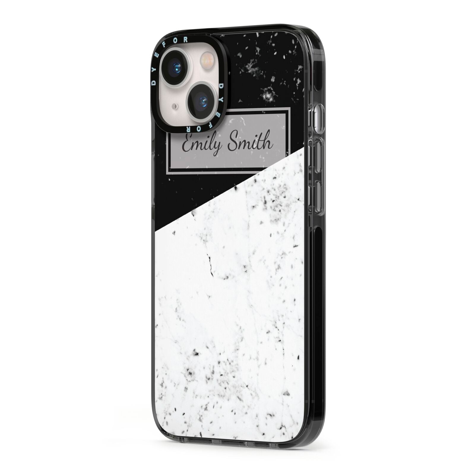 Personalised Day Night Marble Name Initials iPhone 13 Black Impact Case Side Angle on Silver phone