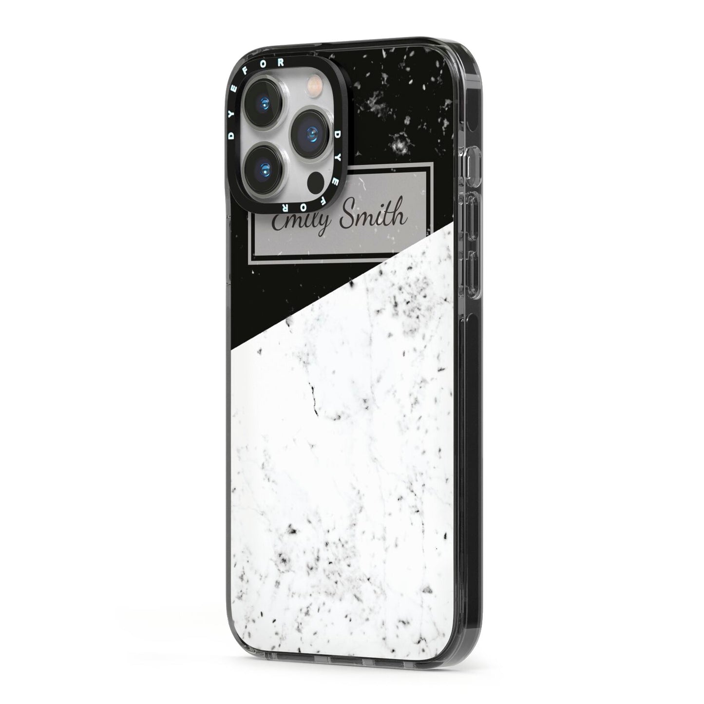 Personalised Day Night Marble Name Initials iPhone 13 Pro Max Black Impact Case Side Angle on Silver phone