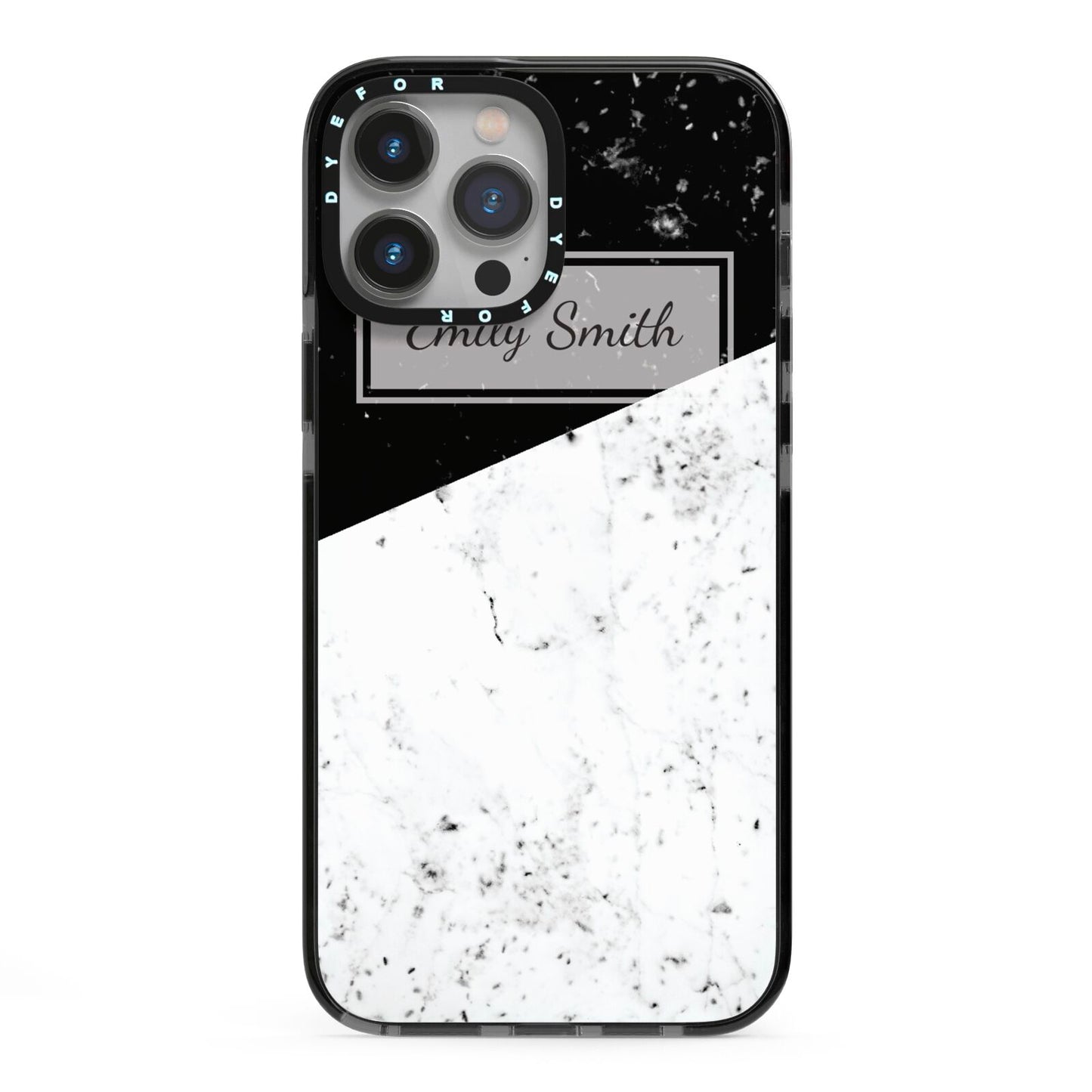 Personalised Day Night Marble Name Initials iPhone 13 Pro Max Black Impact Case on Silver phone