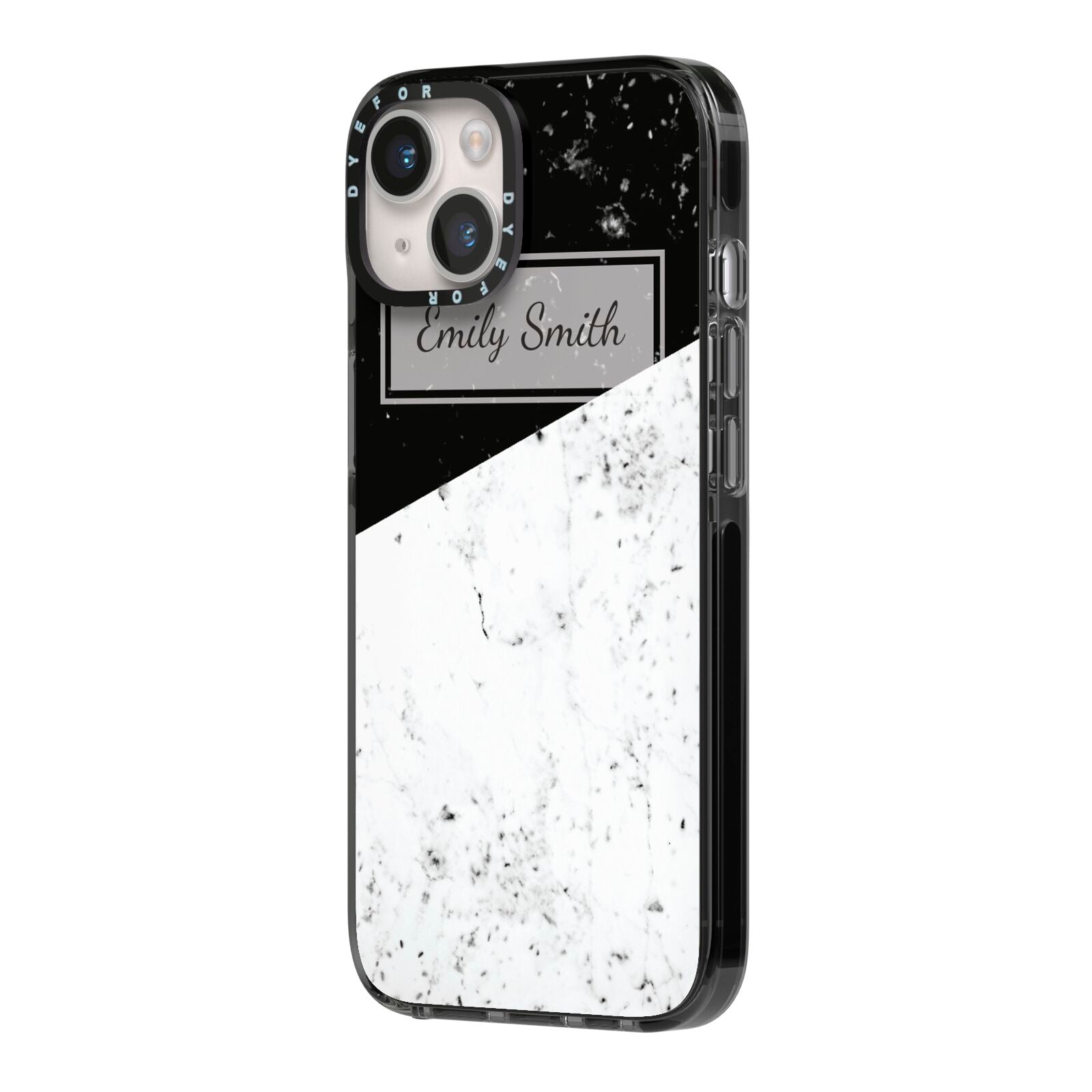 Personalised Day Night Marble Name Initials iPhone 14 Black Impact Case Side Angle on Silver phone