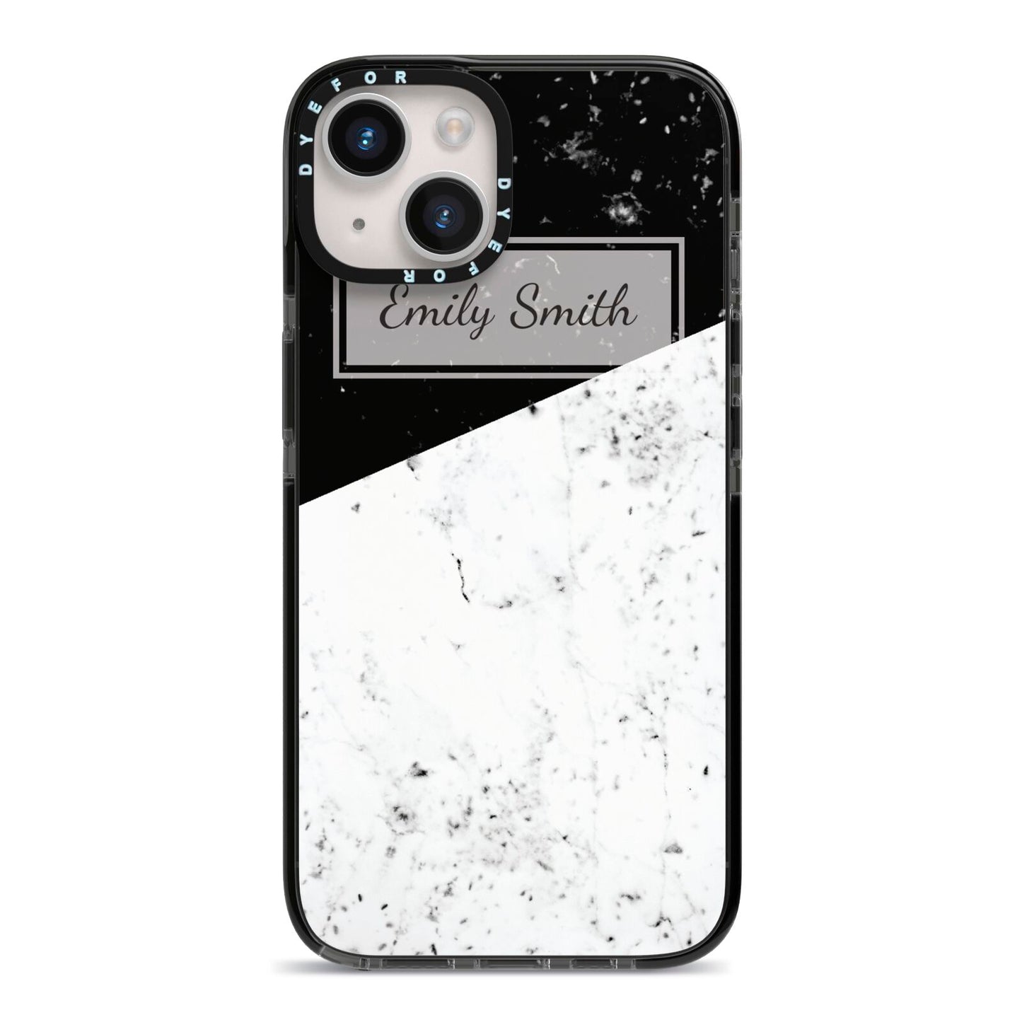 Personalised Day Night Marble Name Initials iPhone 14 Black Impact Case on Silver phone