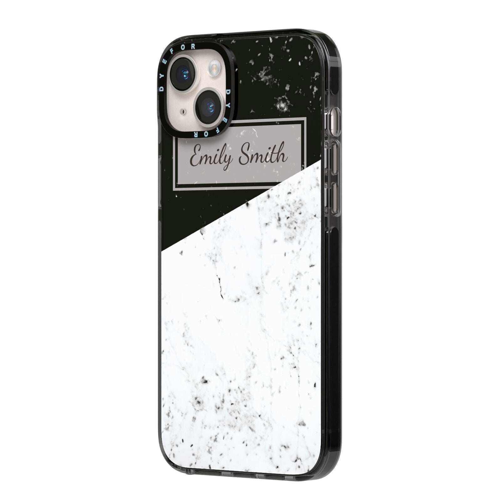 Personalised Day Night Marble Name Initials iPhone 14 Plus Black Impact Case Side Angle on Silver phone