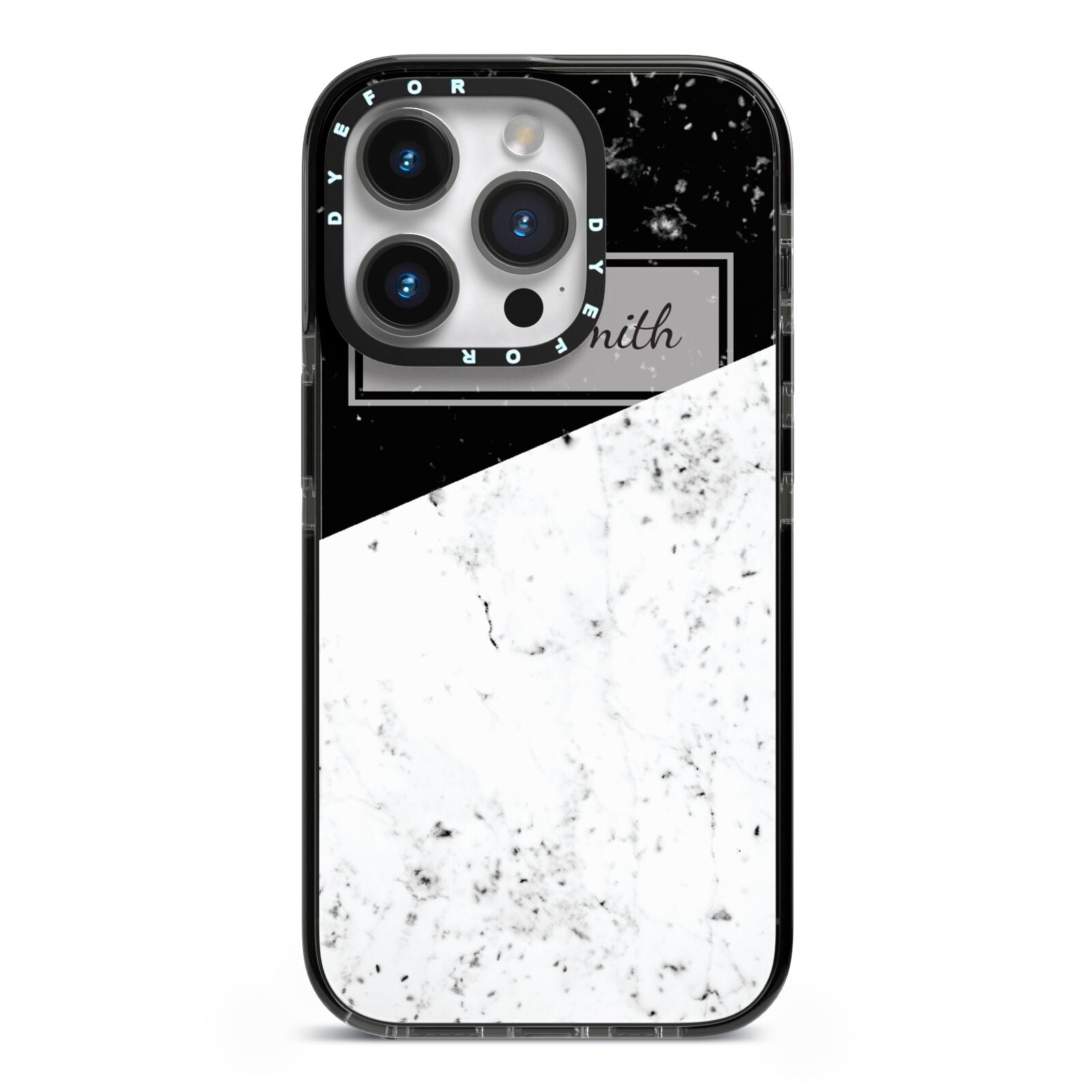 Personalised Day Night Marble Name Initials iPhone 14 Pro Black Impact Case on Silver phone