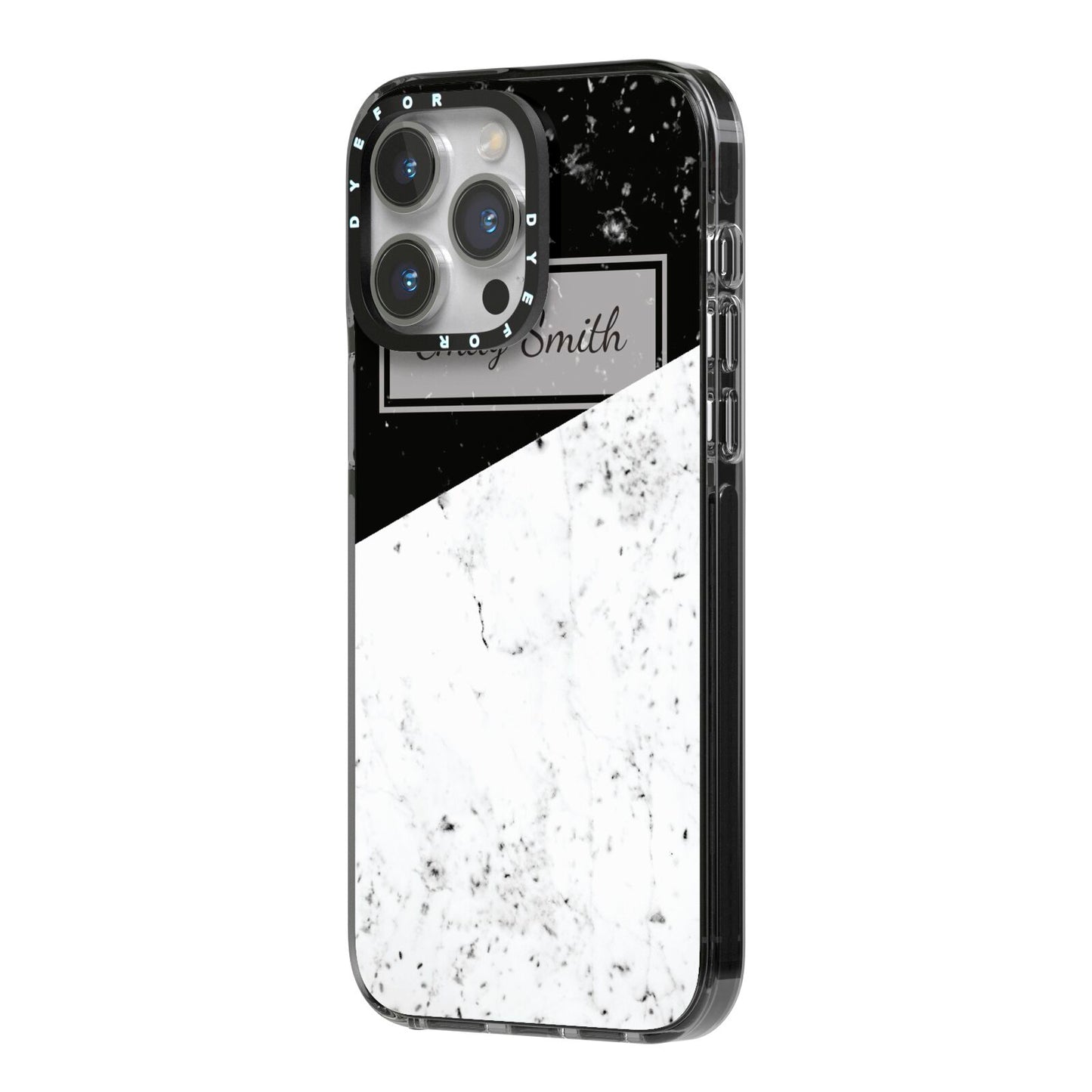 Personalised Day Night Marble Name Initials iPhone 14 Pro Max Black Impact Case Side Angle on Silver phone