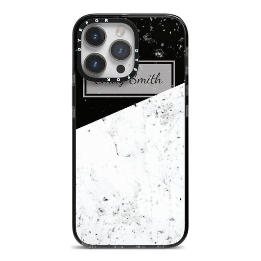 Personalised Day Night Marble Name Initials iPhone 14 Pro Max Black Impact Case on Silver phone