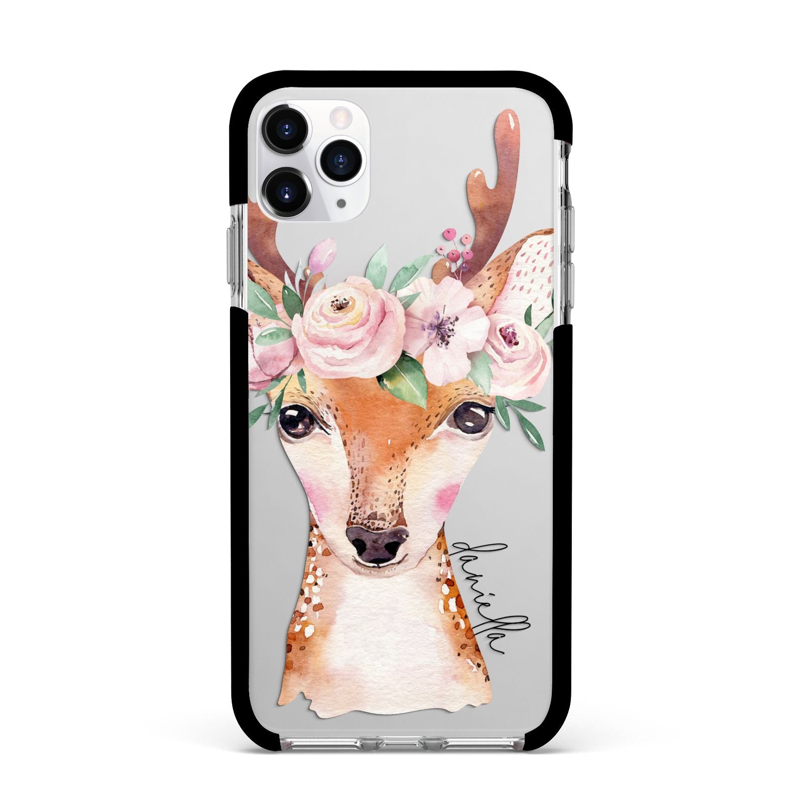 Personalised Deer Apple iPhone 11 Pro Max in Silver with Black Impact Case