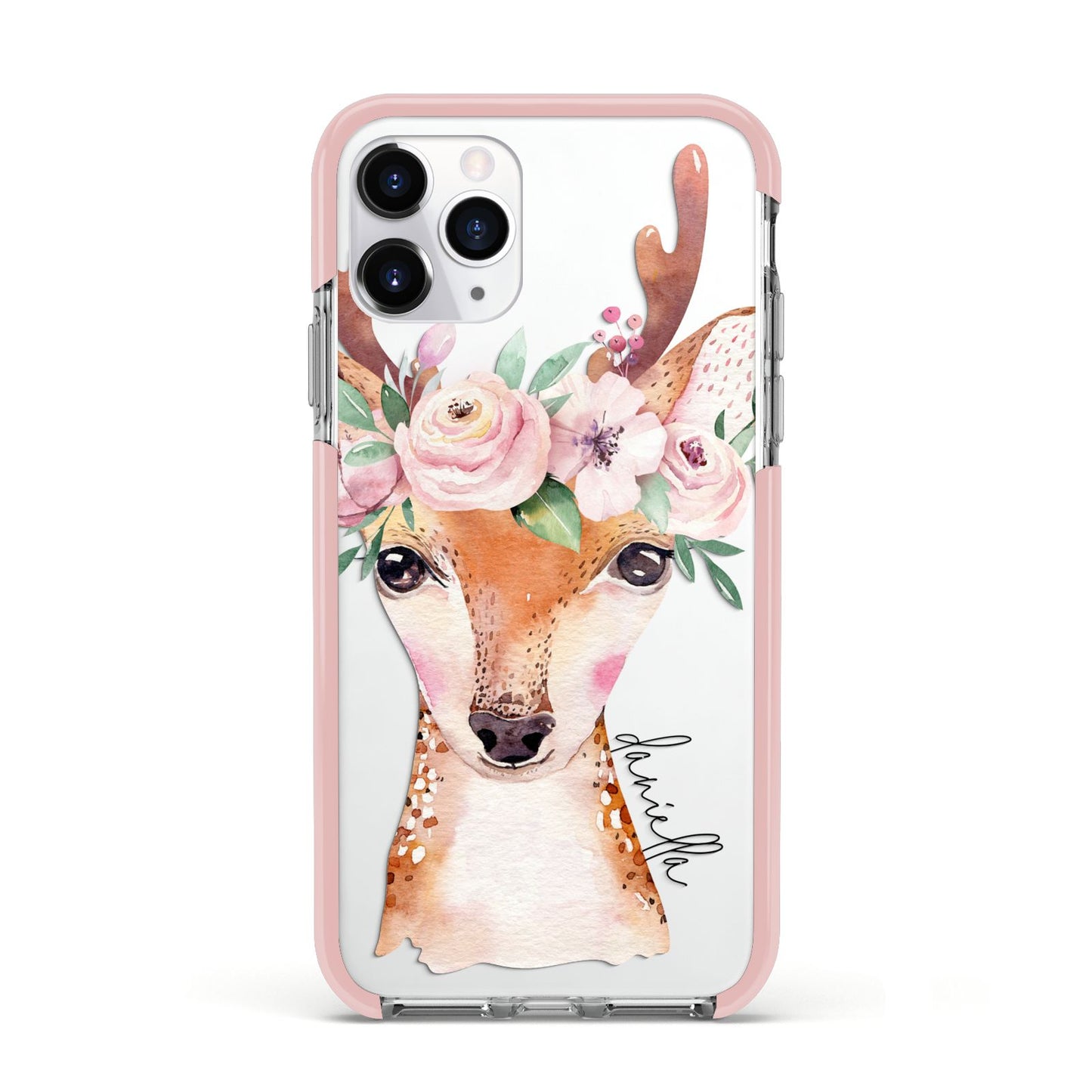 Personalised Deer Apple iPhone 11 Pro in Silver with Pink Impact Case