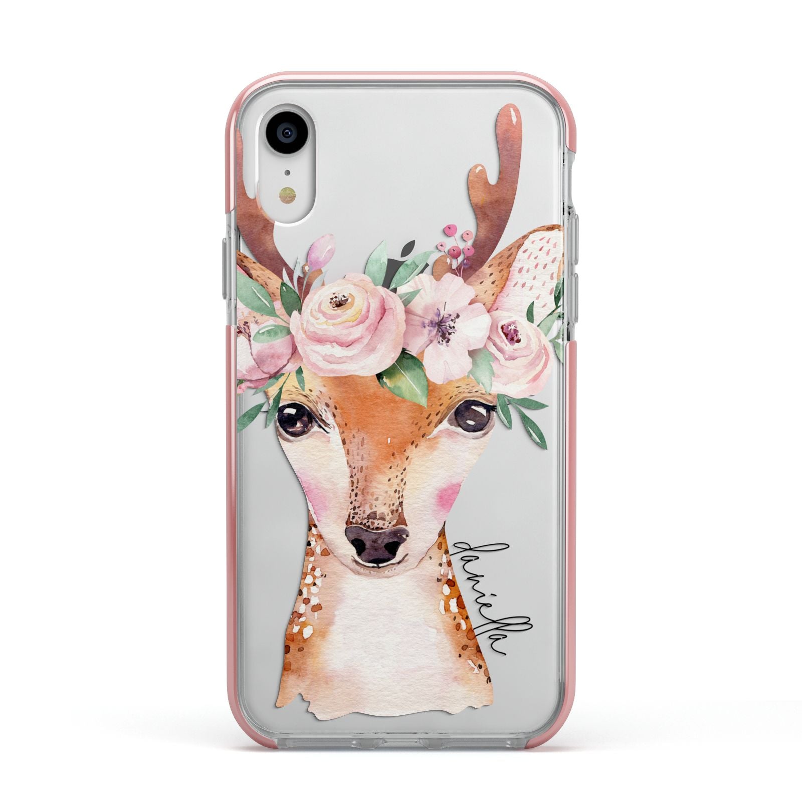 Personalised Deer Apple iPhone XR Impact Case Pink Edge on Silver Phone