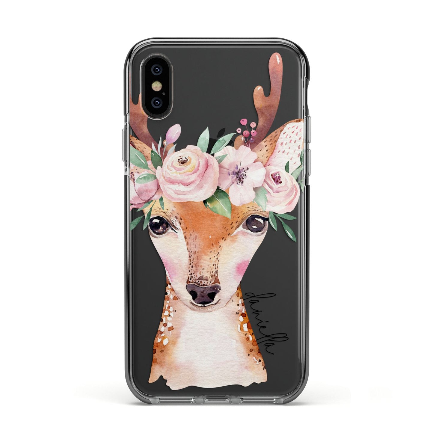 Personalised Deer Apple iPhone Xs Impact Case Black Edge on Black Phone