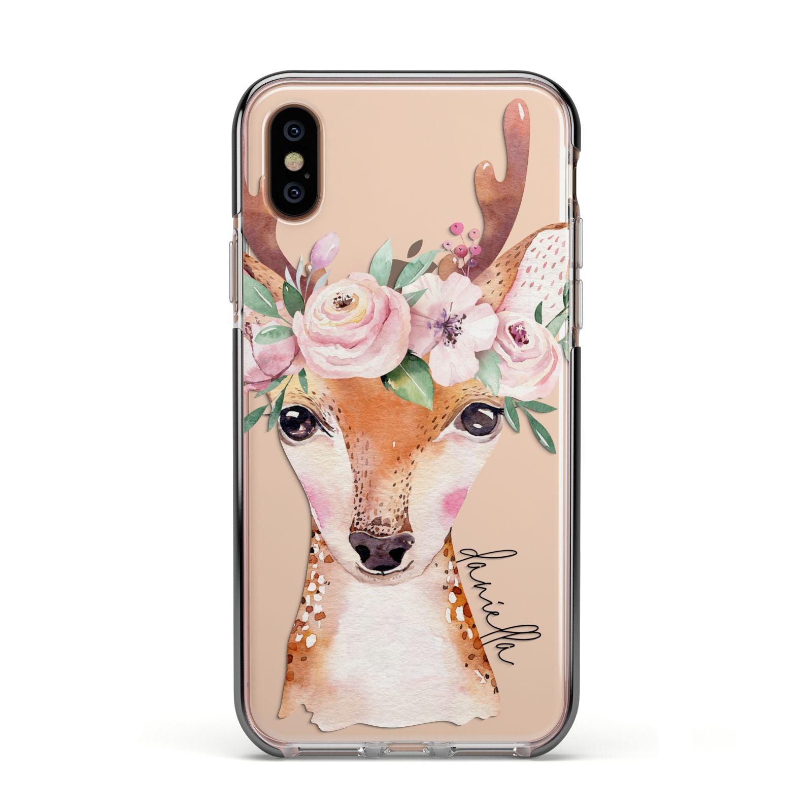 Personalised Deer Apple iPhone Xs Impact Case Black Edge on Gold Phone