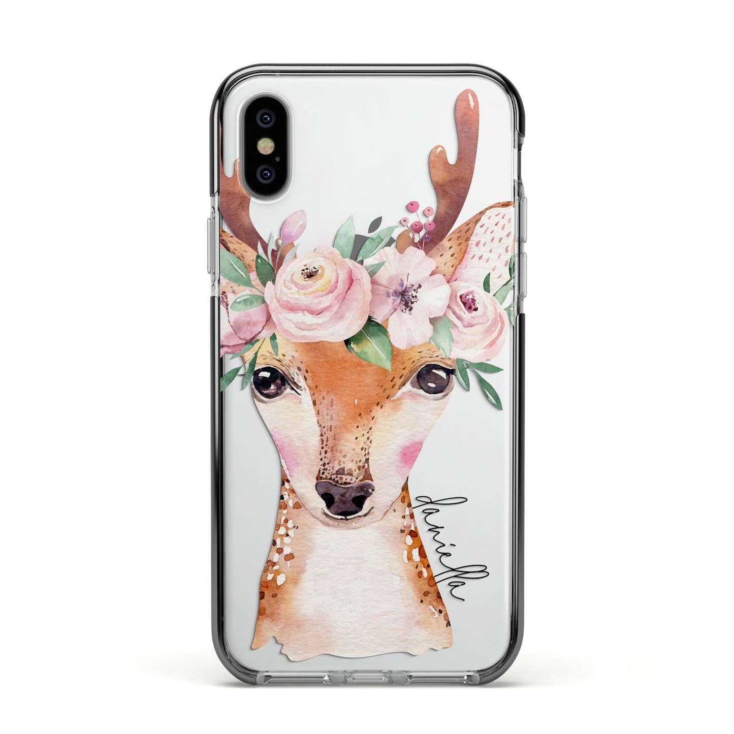 Personalised Deer Apple iPhone Xs Impact Case Black Edge on Silver Phone